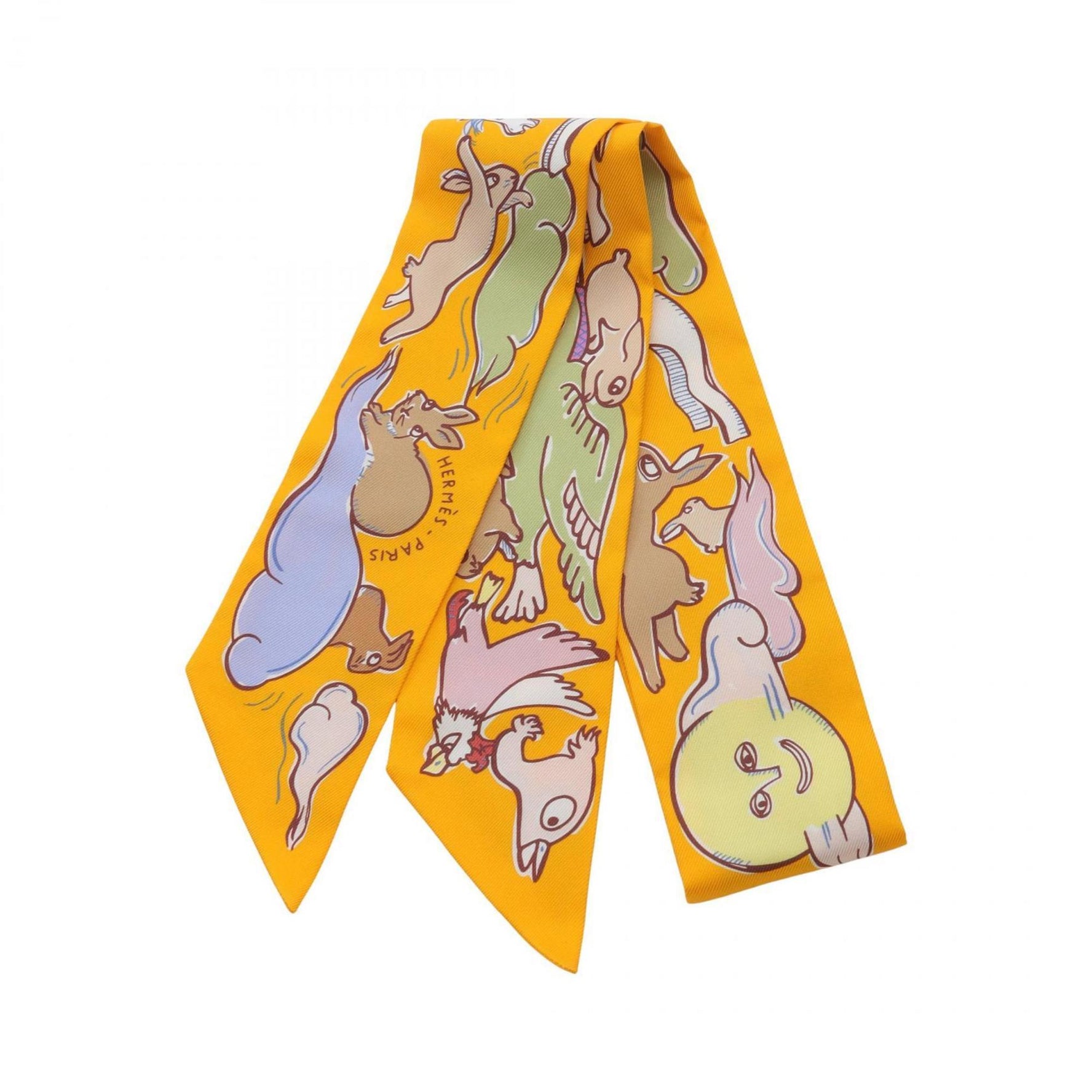Hermes Twilly MILLE ET UN LAPINS Silk Scarf Yellow Multicolor
