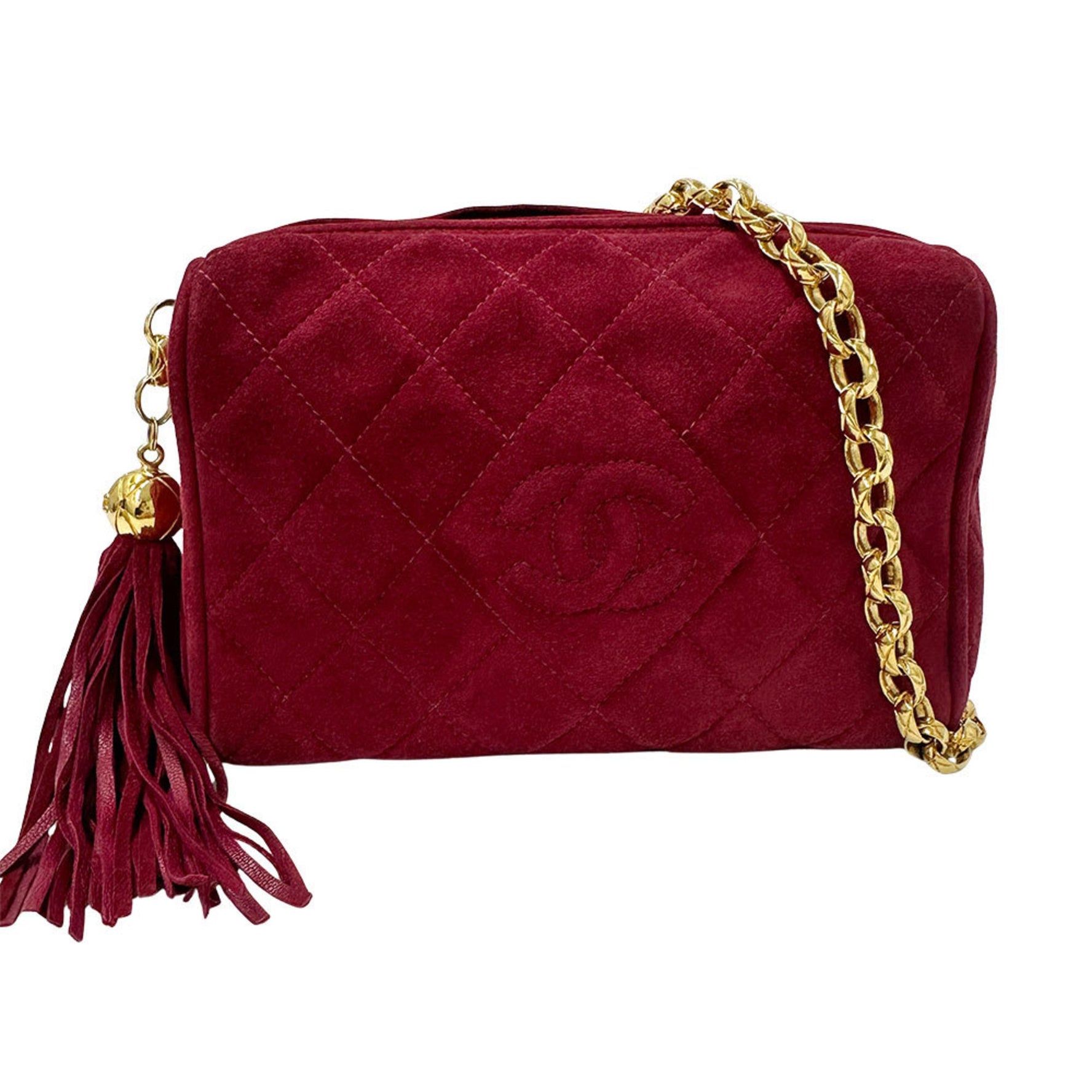 Chanel Suede Shoulder Bag, Matelasse, Bordeaux, Gold Hardware, Red, Chic