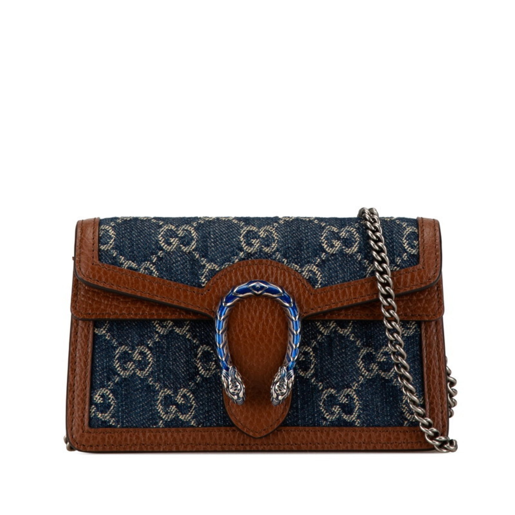 Gucci GG Denim Dionysus Chain Shoulder Bag Blue Brown Leather Women's GUCCI