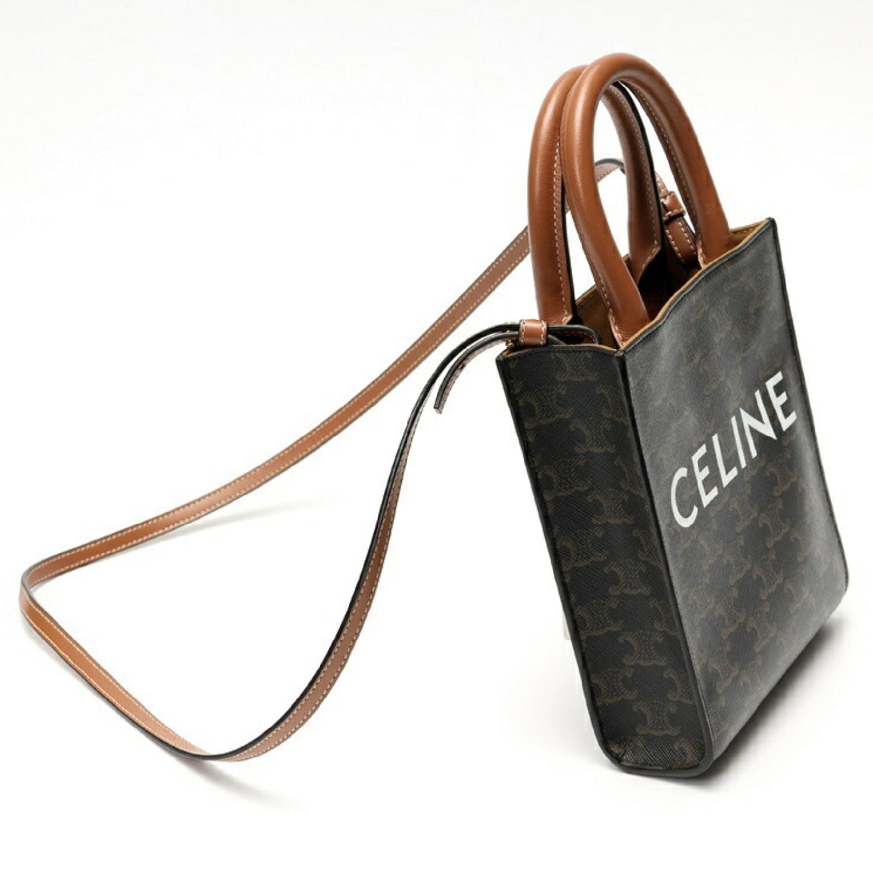 CELINE Mini Vertical Cabas Shoulder Bag Printed Triomphe Canvas Calfskin Tan