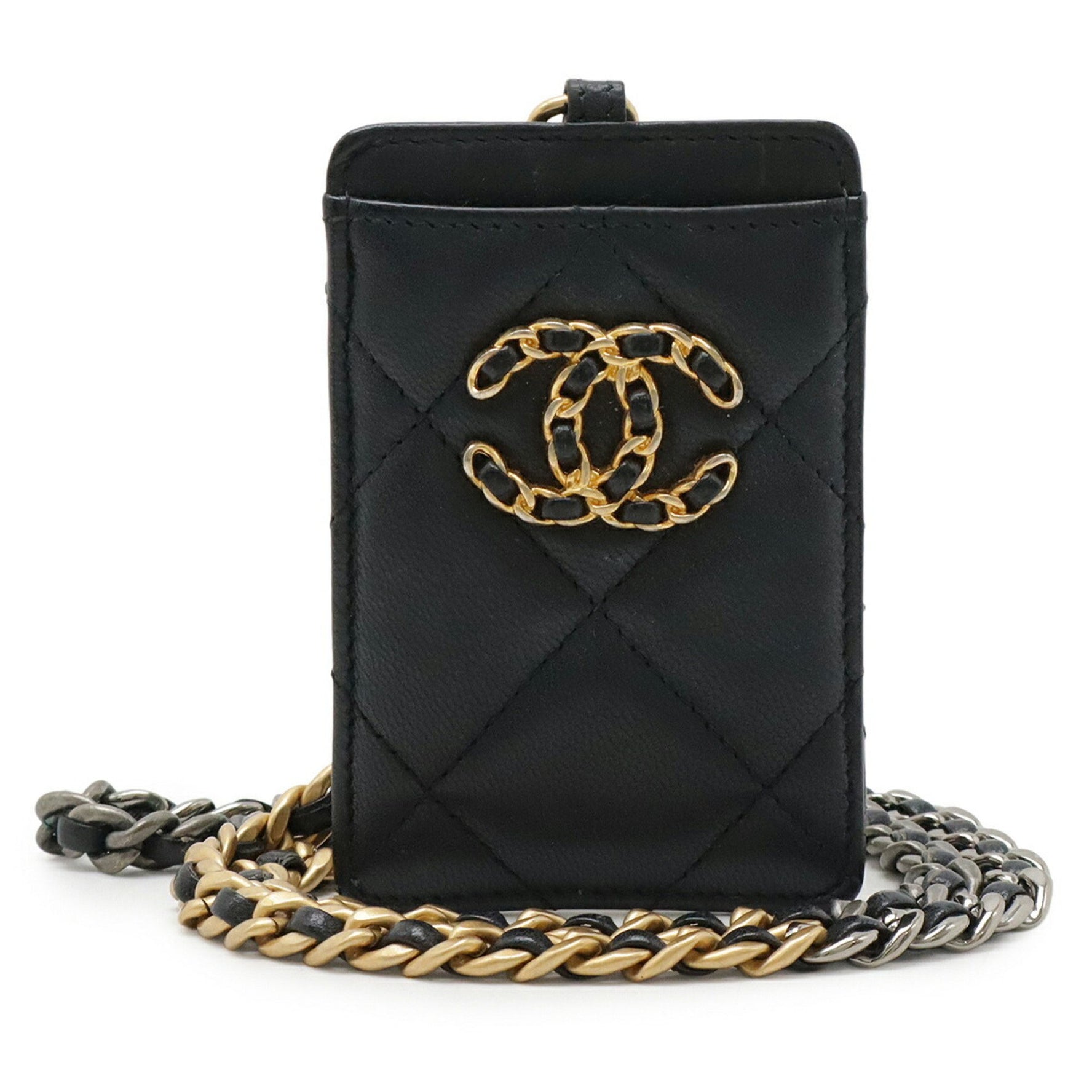 CHANEL 19 Matelasse Coco Mark Card Case/Pass Case with Chain Strap, Lambskin Leather