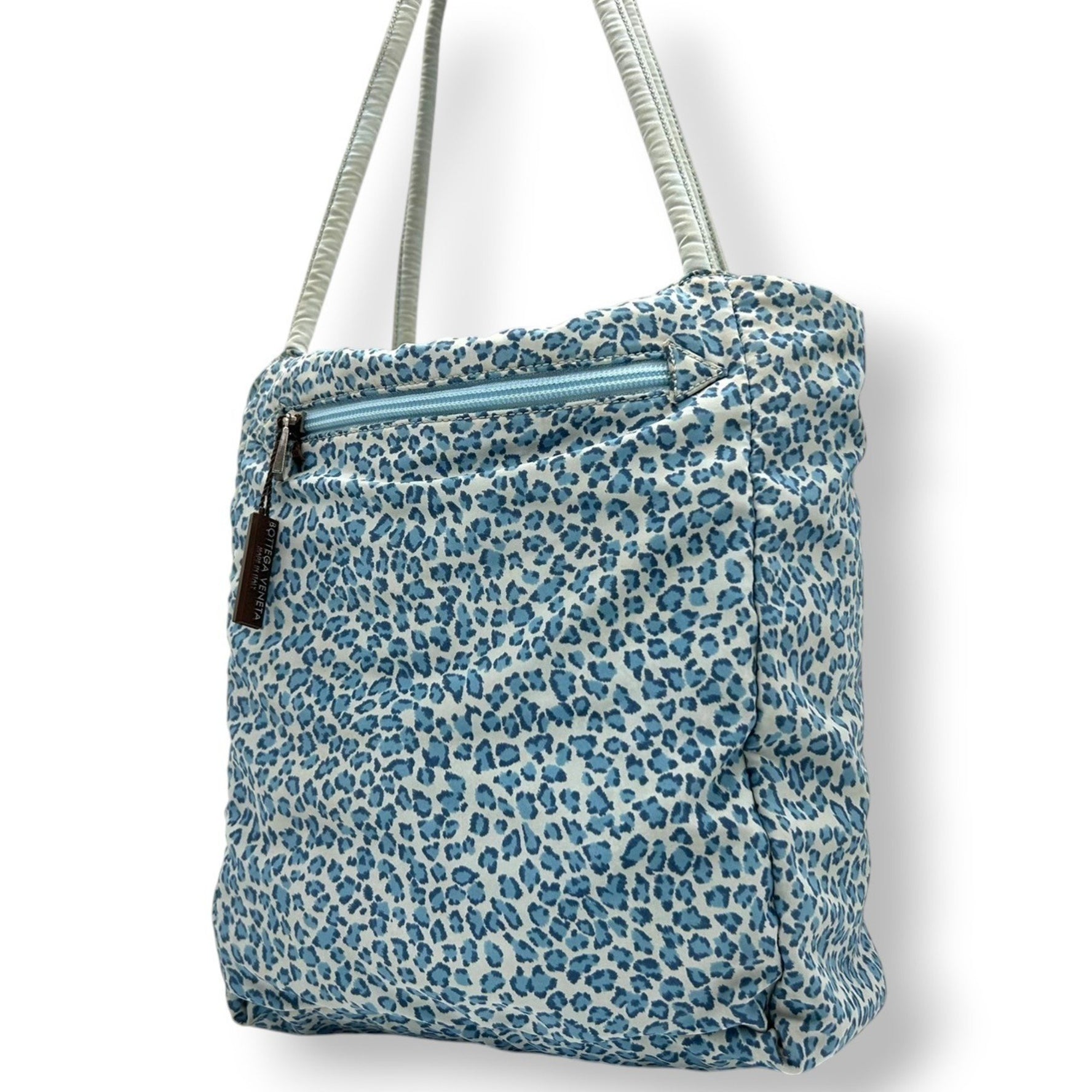 Bottega Veneta One-Shoulder Nylon Tote Bag with Leopard Print, Blue and White, Made in Italy