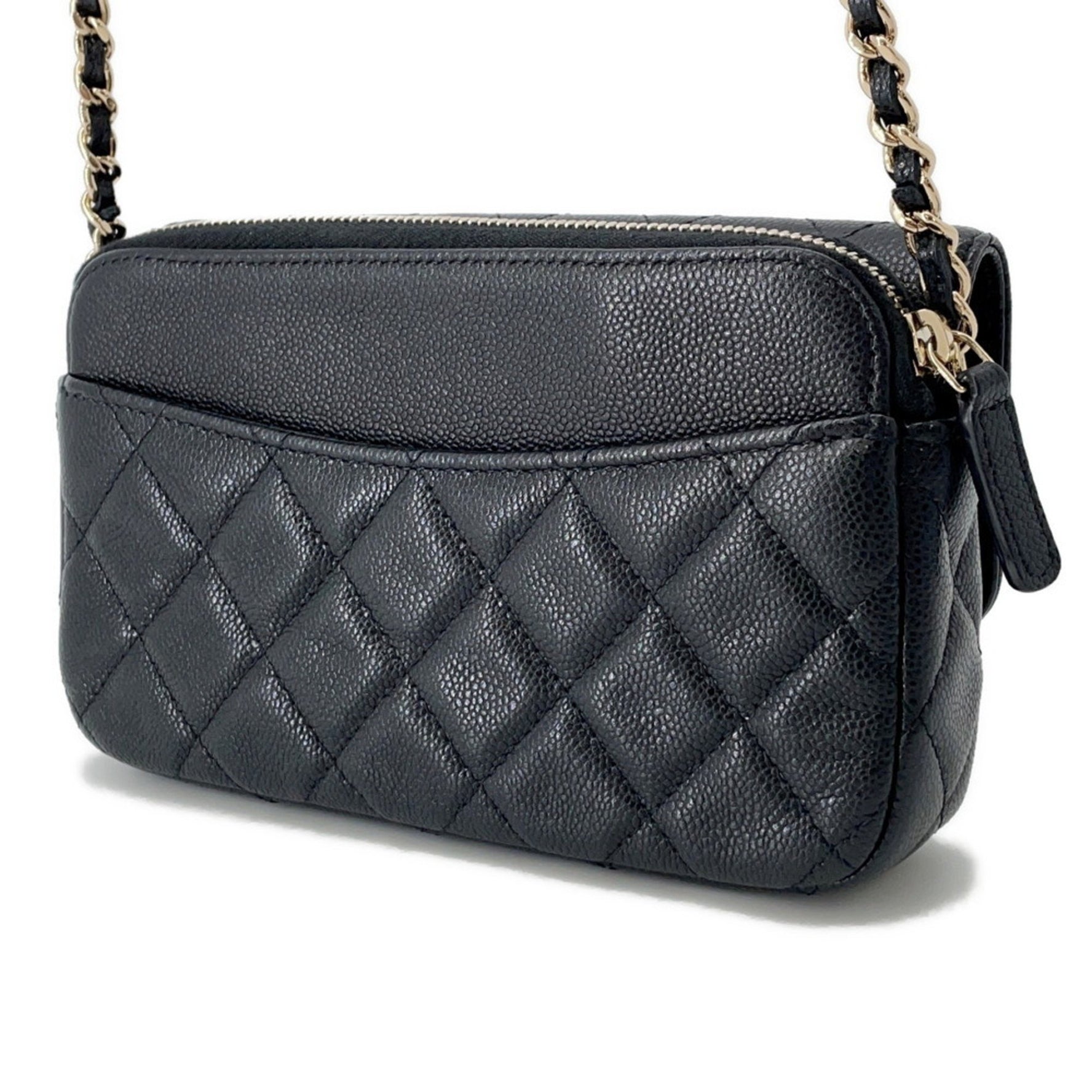 Chanel Chain Shoulder Bag with Flap Phone Case, Matelasse Coco Mark, Caviar Skin