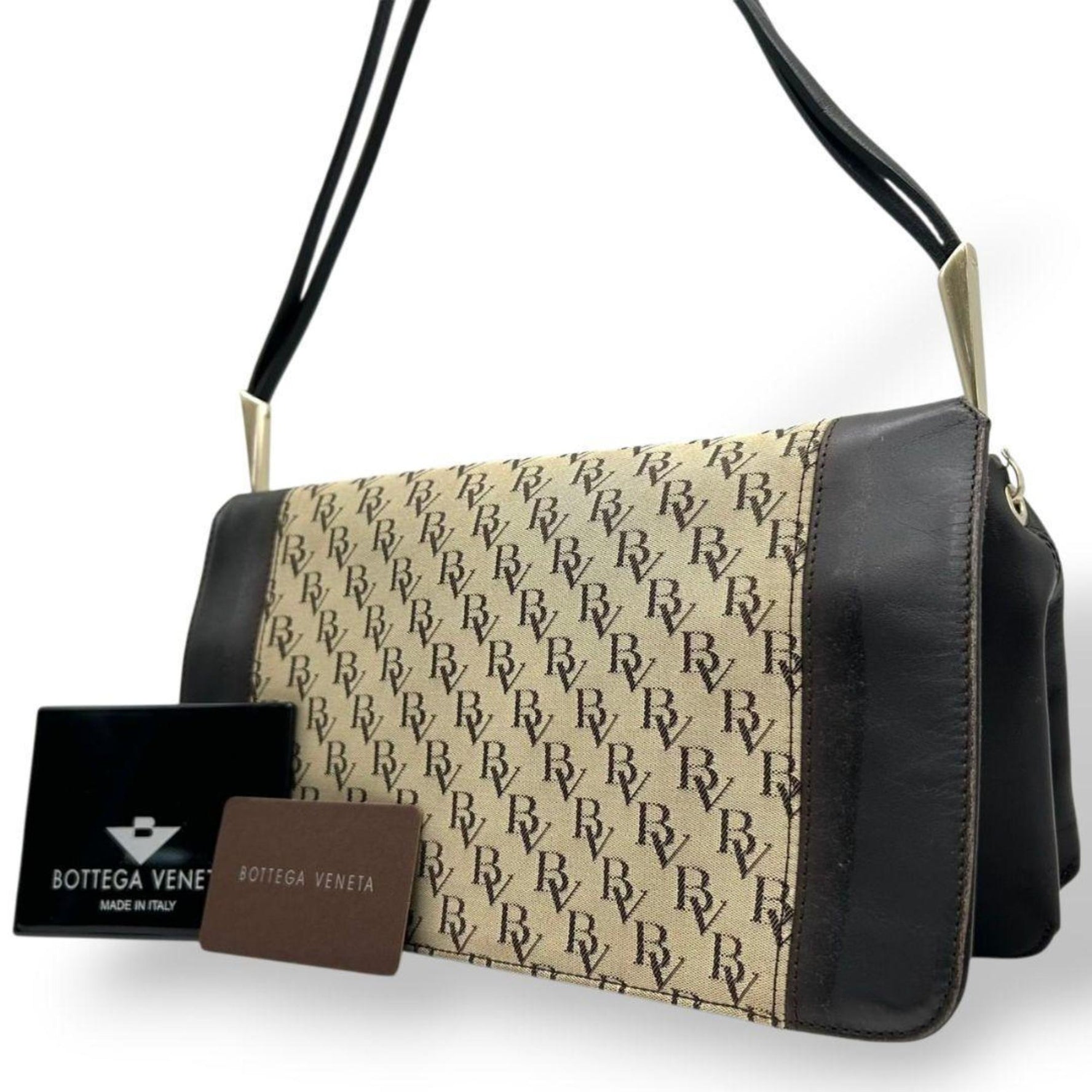 Bottega Veneta Monogram Canvas and Leather Shoulder Bag in Brown with Flap Card Holder