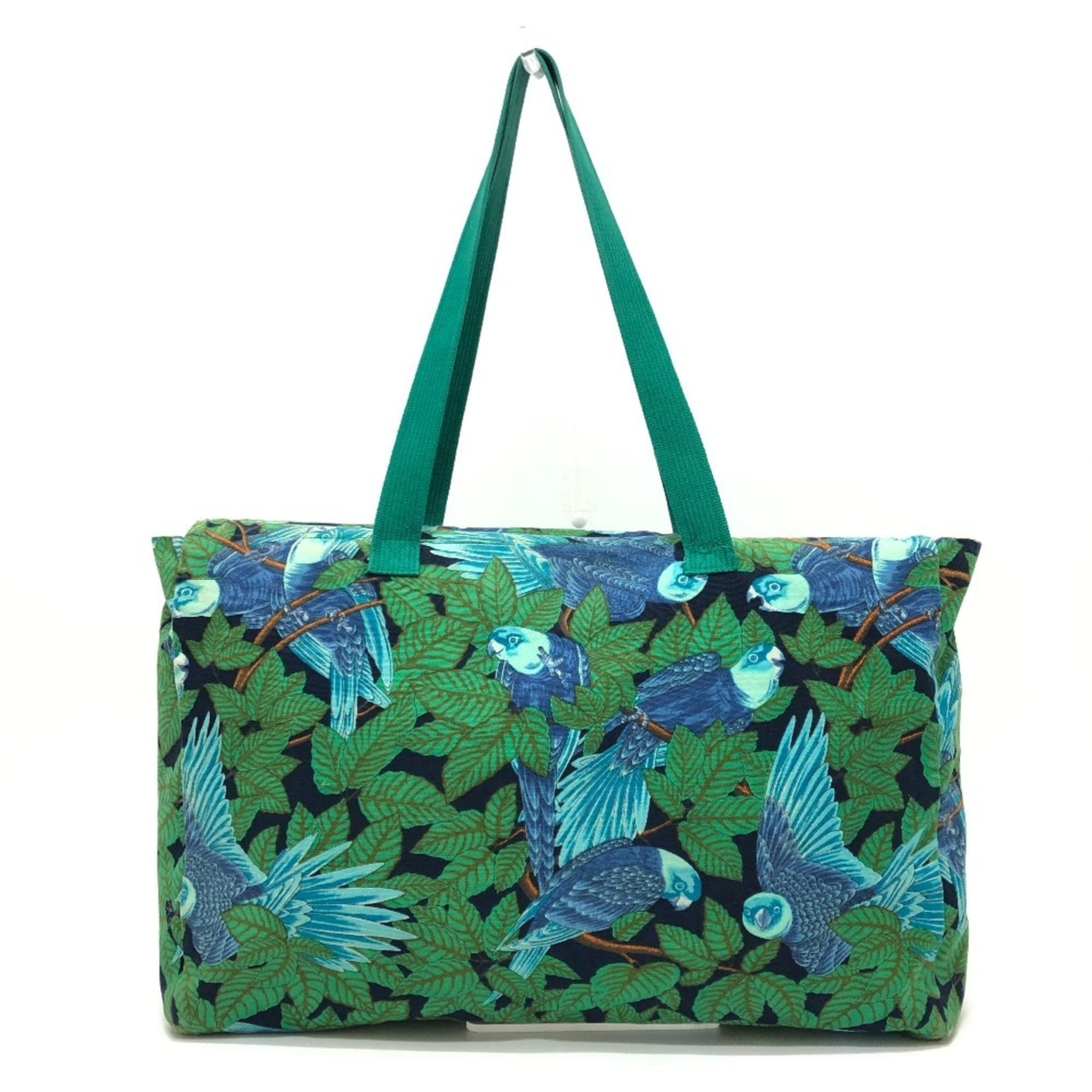 HERMES Vintage Bird Print Tote Bag, Shoulder Cotton, Green