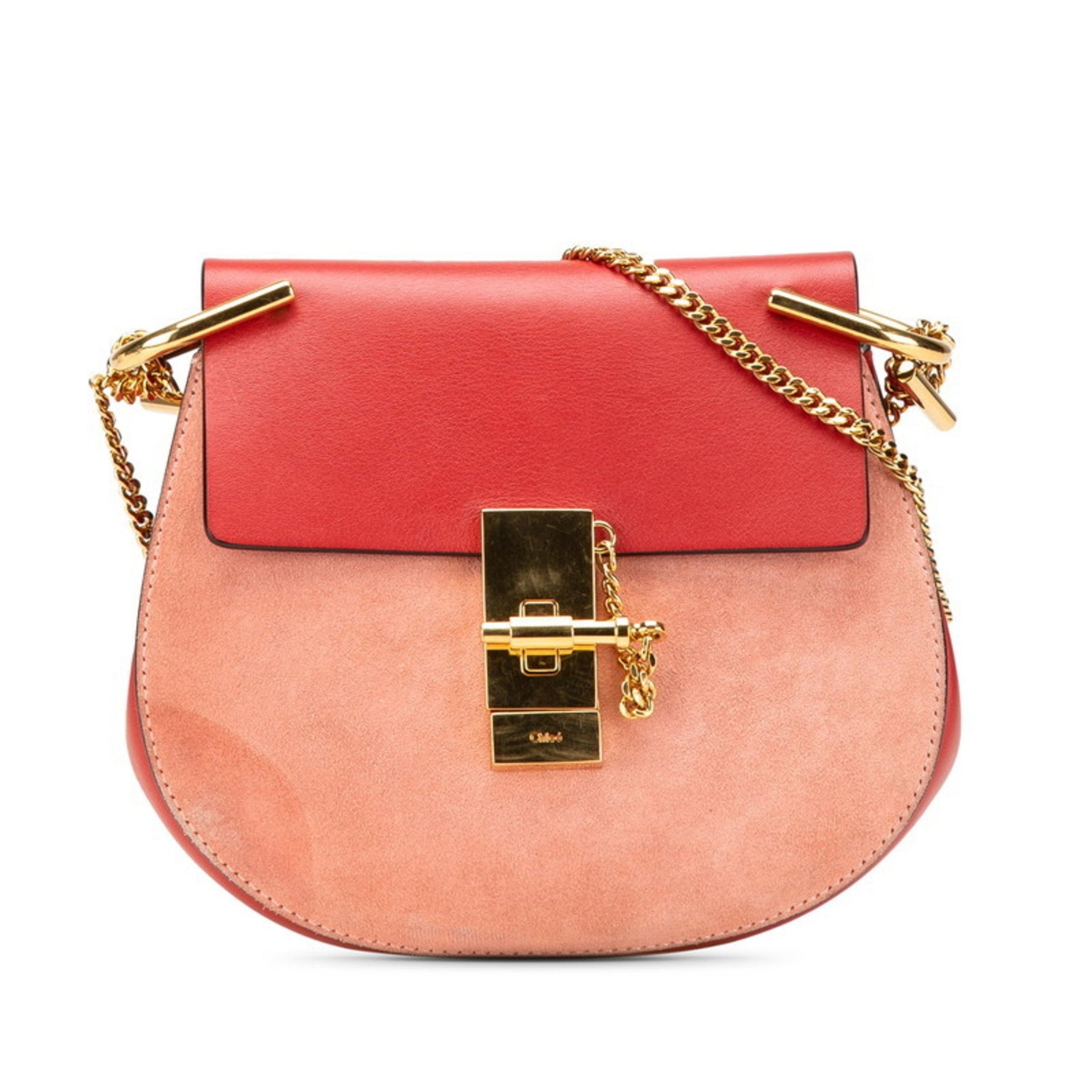 Chloé Chloe Drew shoulder bag in red and pink leather with a sweatshirt.