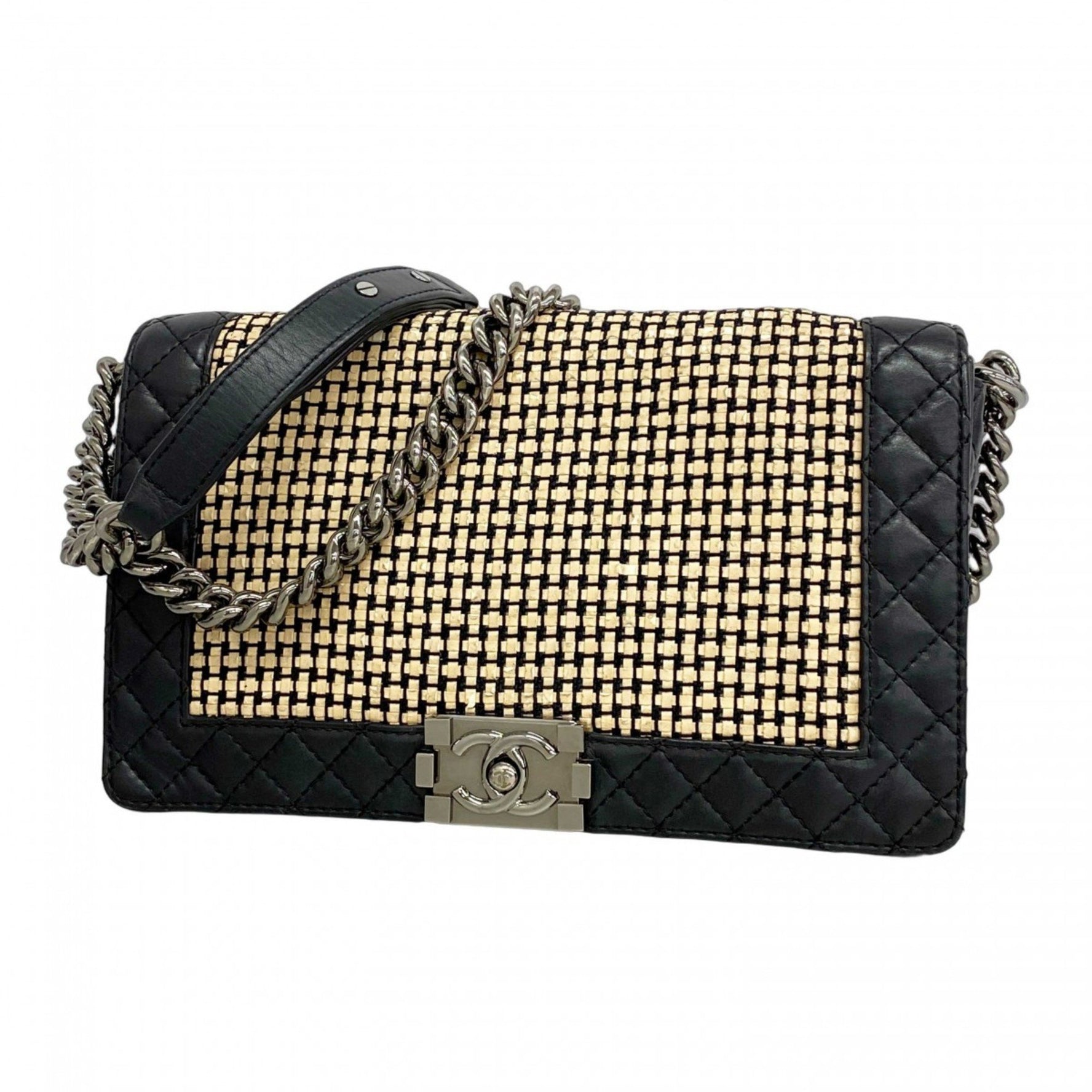 Chanel Shoulder Bag Boy Chain Lambskin Black Beige