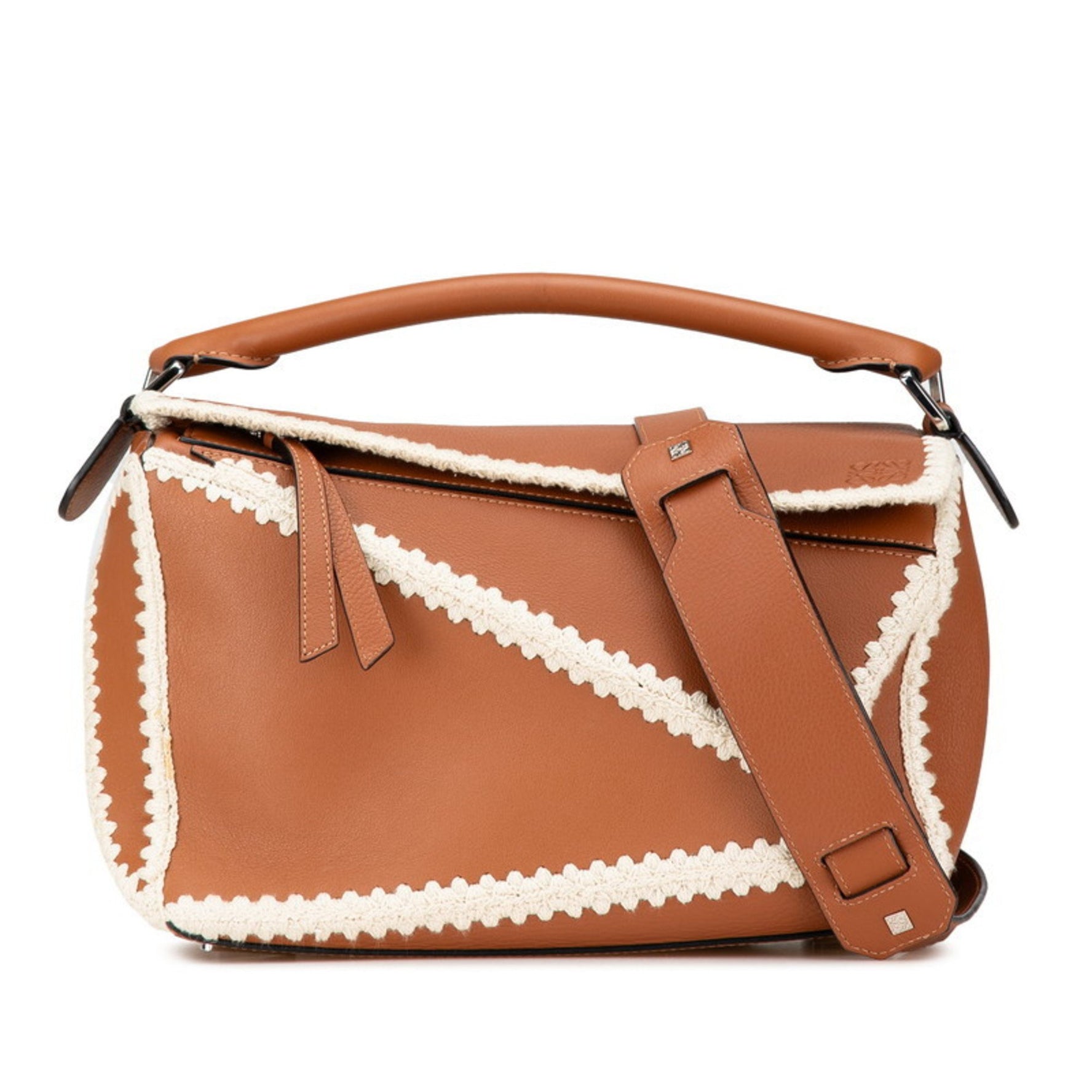 LOEWE Puzzle Bag Medium Handbag Shoulder Brown White Leather