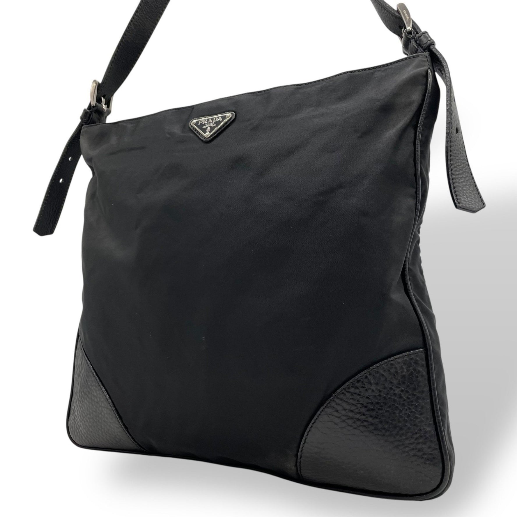 PRADA Prada Shoulder Bag, Nylon and Leather, Black, Triangle Logo Plate, Silver Hardware, Crossbody, Men's Women's, 13K Gold