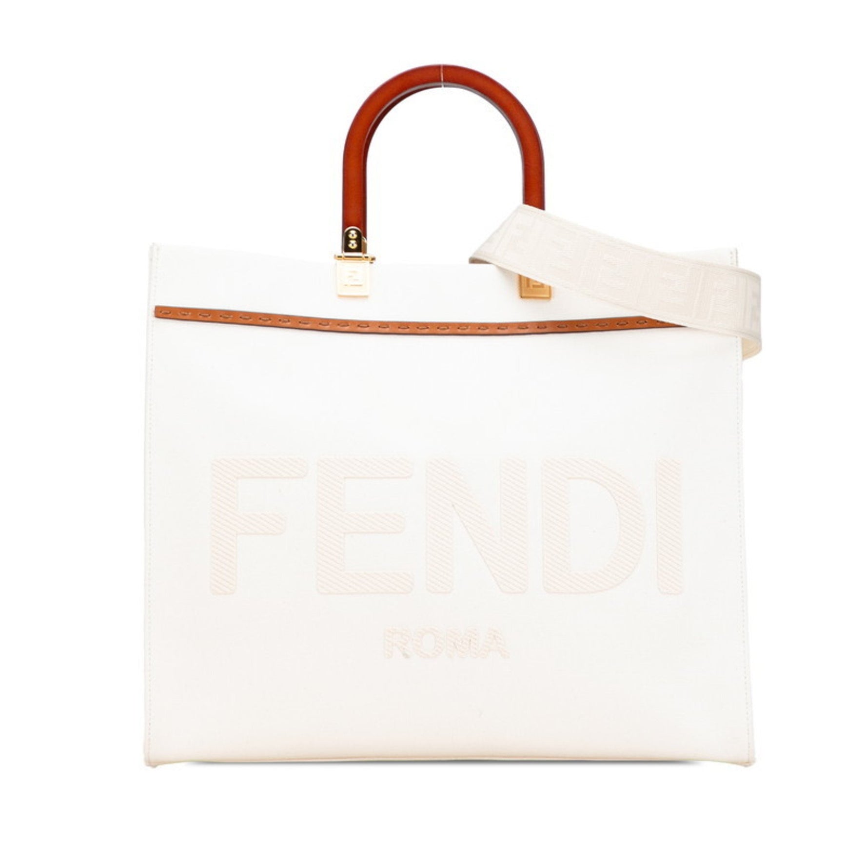 Fendi Sunshine Medium Handbag/Shoulder Bag White, Beige, Brown Canvas, Wood, Leather