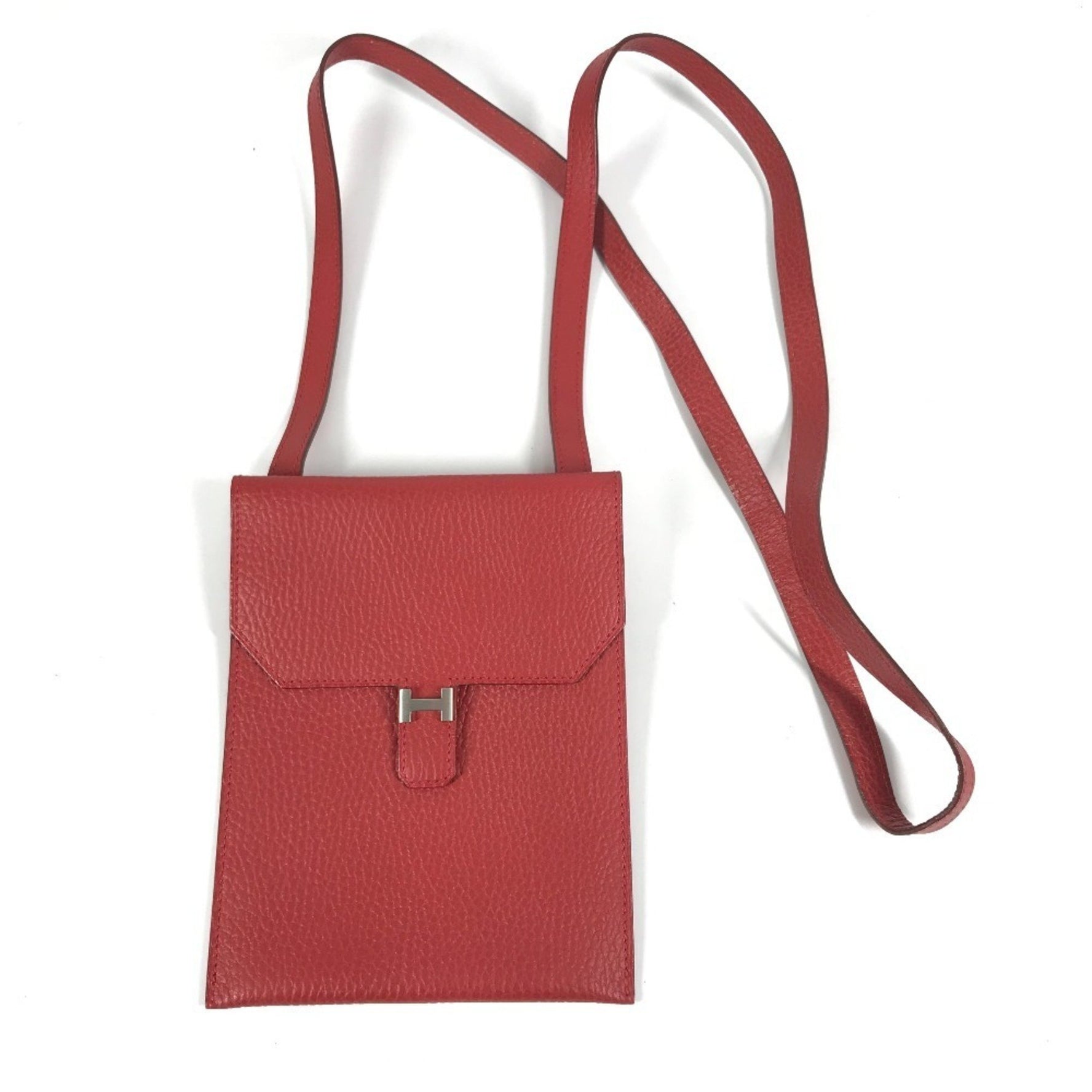 HERMES H Logo Amélie Pochette Shoulder Bag with Flap, Leather, Red