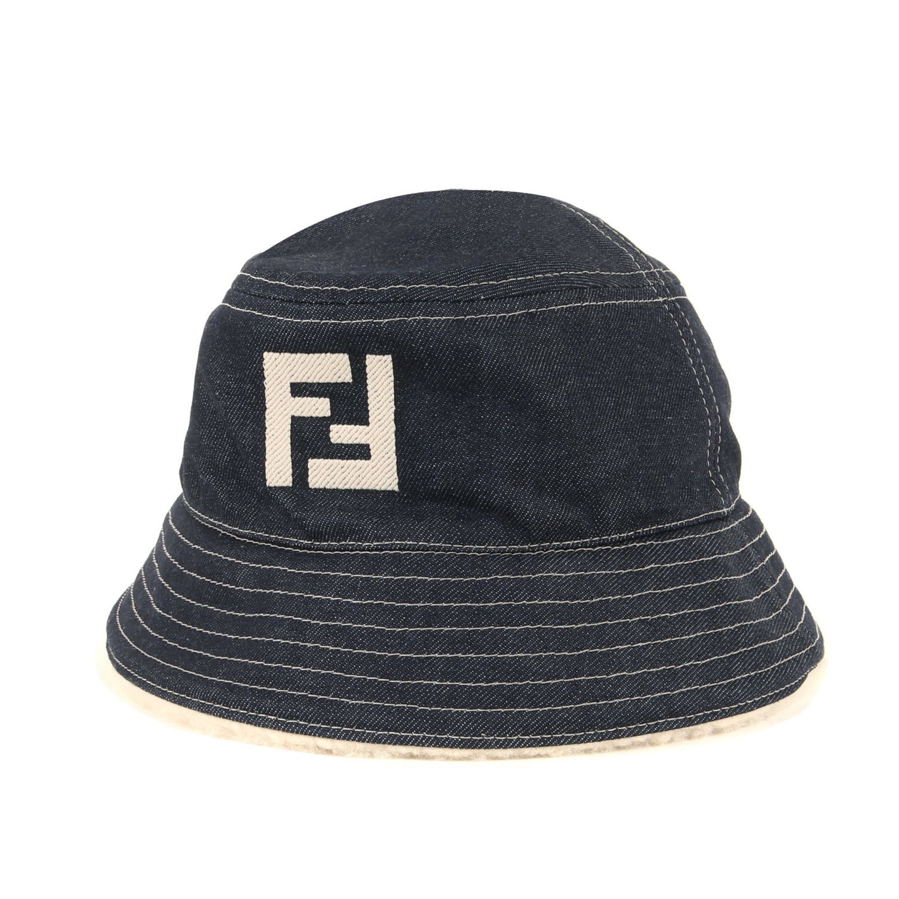 FENDI Indigo Denim Shearling Hat, Size L