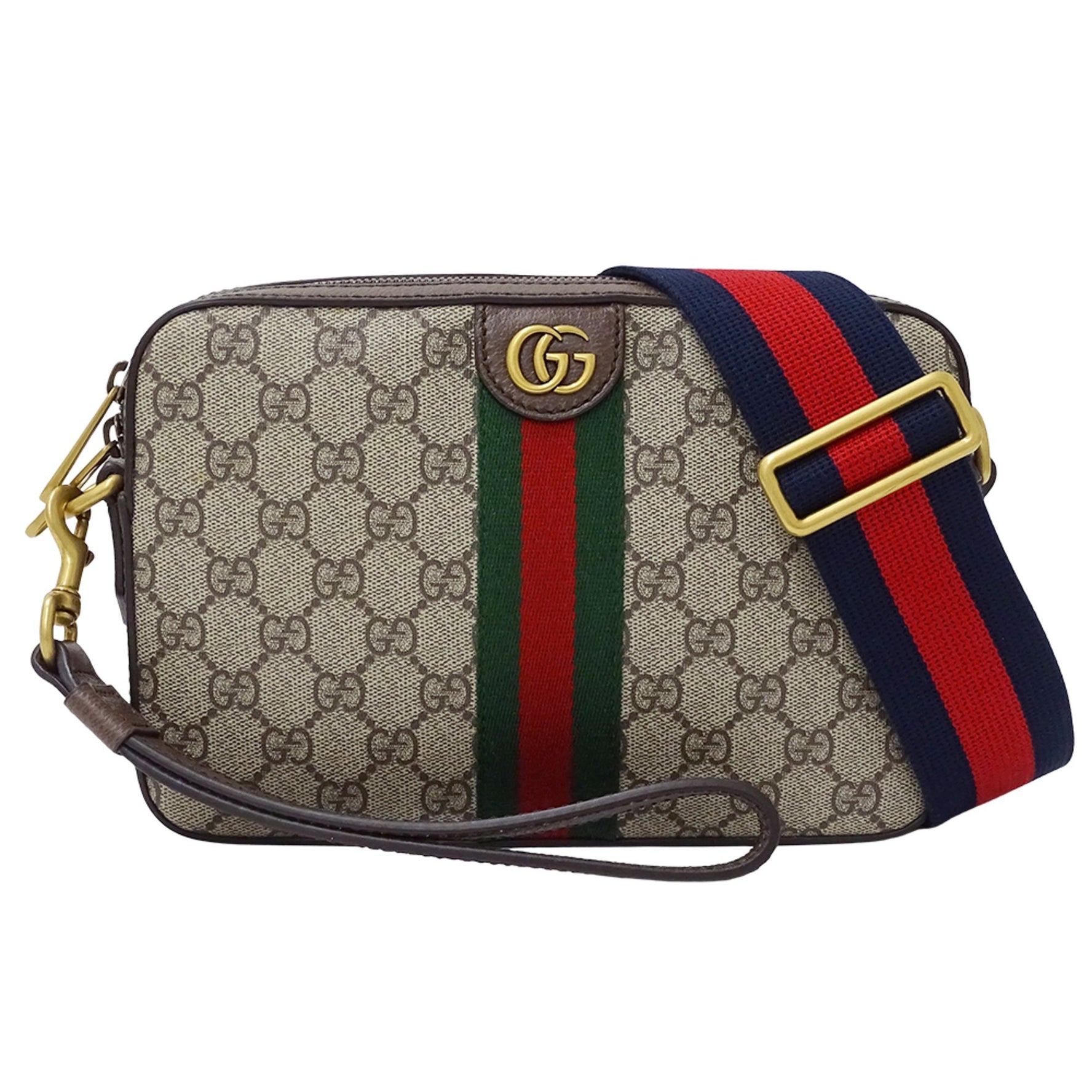 Gucci Ophidia GG Supreme Small Crossbody Bag in Beige and Brown, available women. This bag can be worn as a shoulder or clutch.
