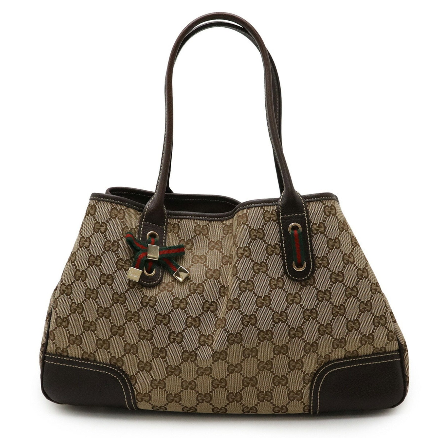 GUCCI GG Canvas Princess Line Ribbon Tote Bag Shoulder Leather Khaki Beige Dark Brown