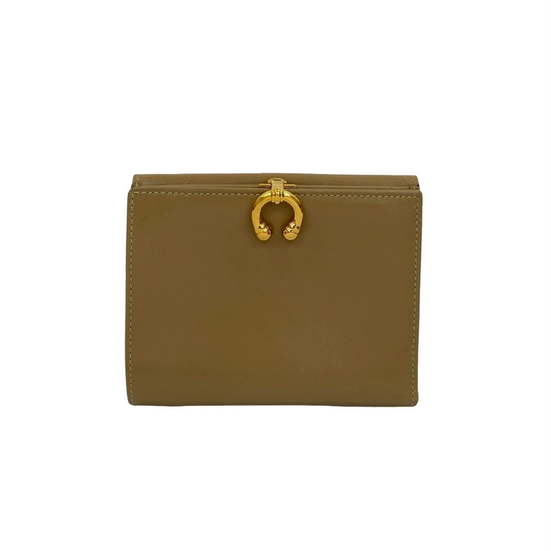 GUCCI Old Gucci Horseshoe Hardware Leather Bi-fold Wallet with Genuine Clasp Closure, Beige,