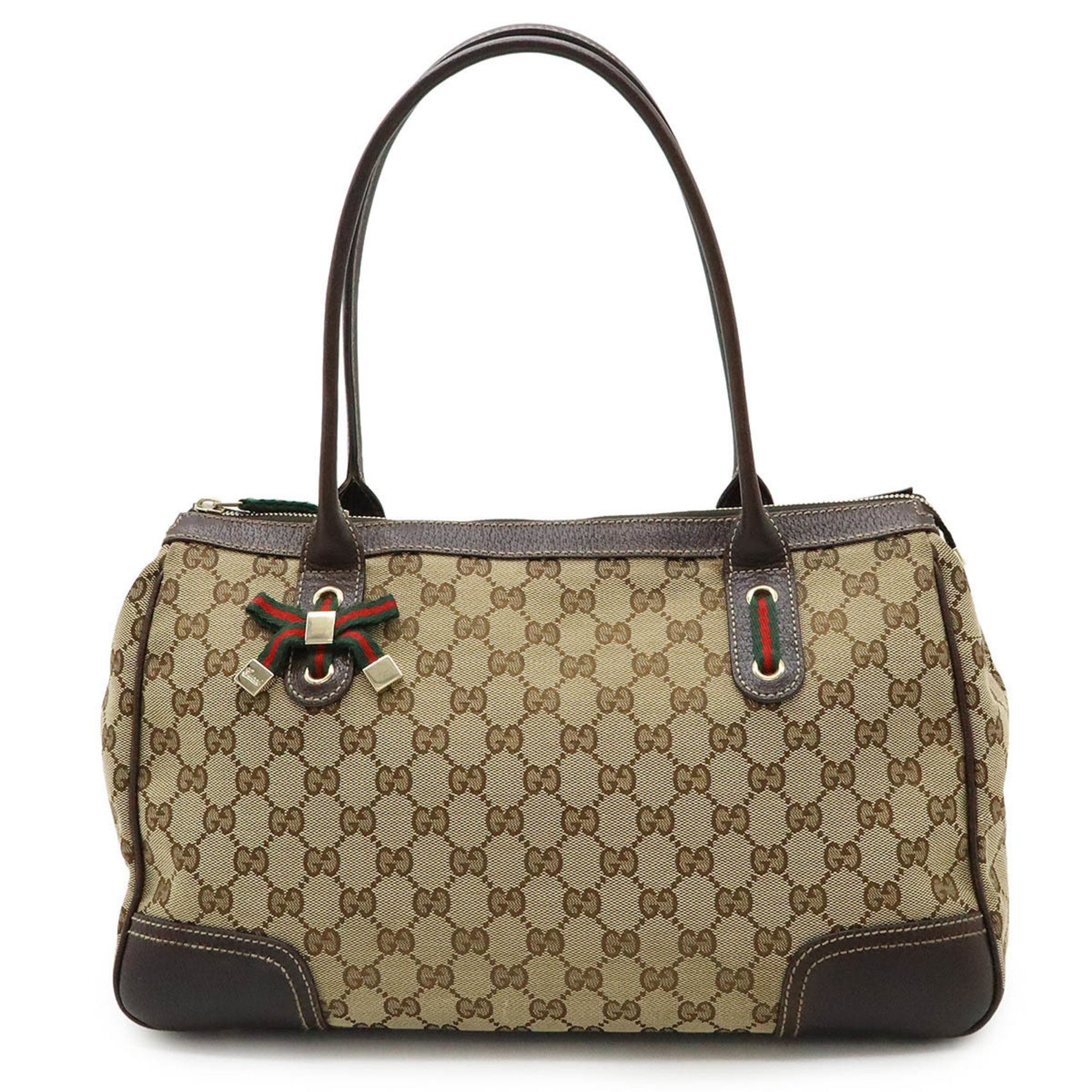 GUCCI Prince GG Canvas Ribbon Sherry Line Tote Bag Shoulder Leather Khaki Beige Dark Brown