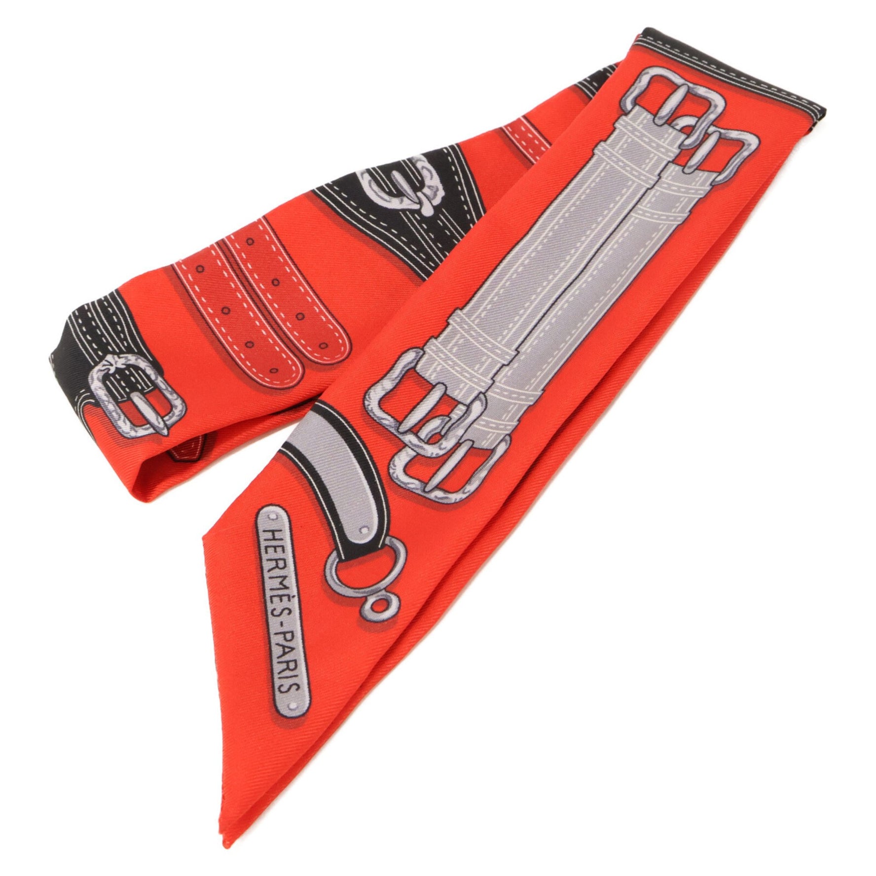 HERMES HARNAIS DES PRESIDENTS Presidential Horse Harness Silk Twilly Scarf 09 ROUGE NOIR GRIS