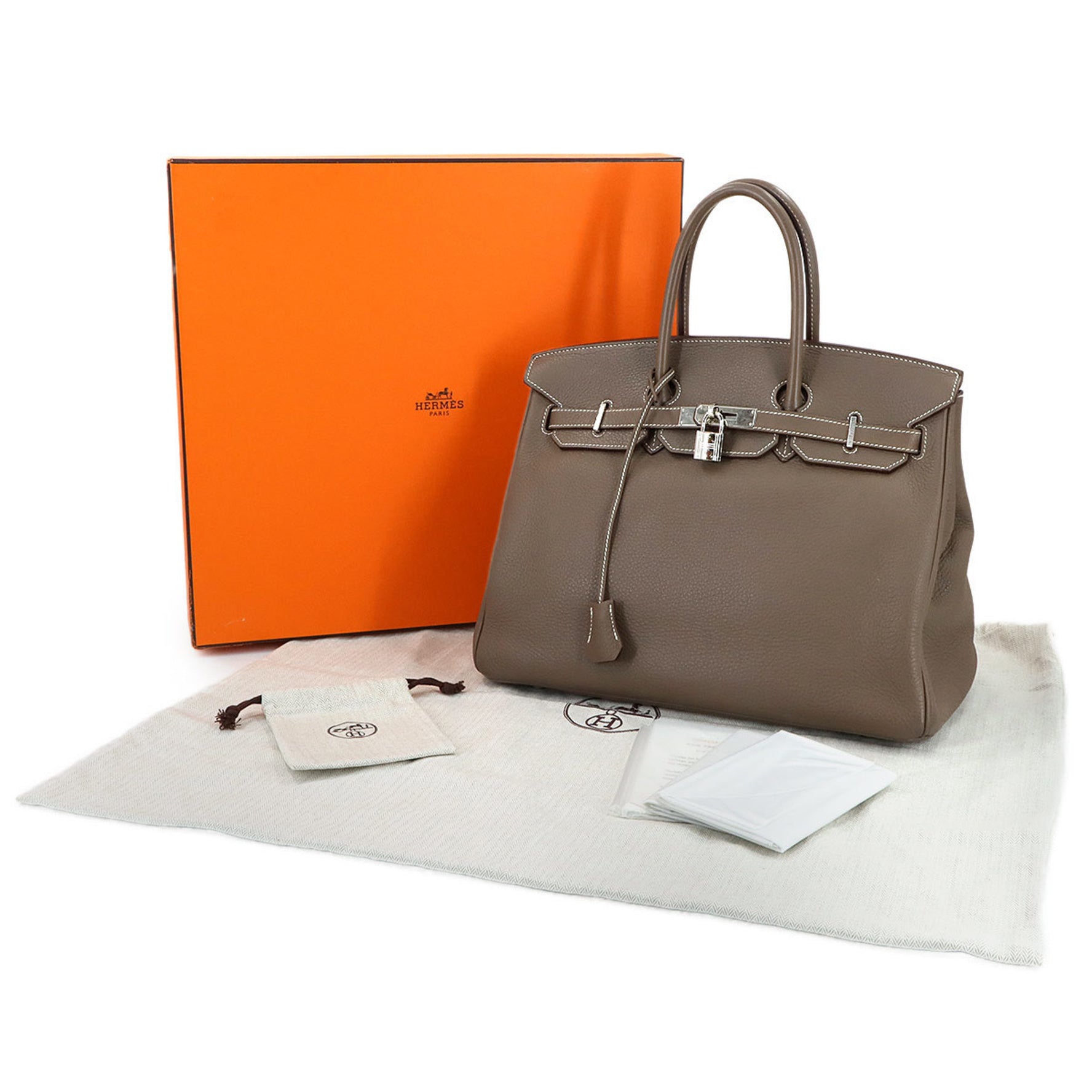 Hermes Hermès Birkin 35 Taurillon Clemence Etoupe Handbag with Silver Hardware, Stamped "M"