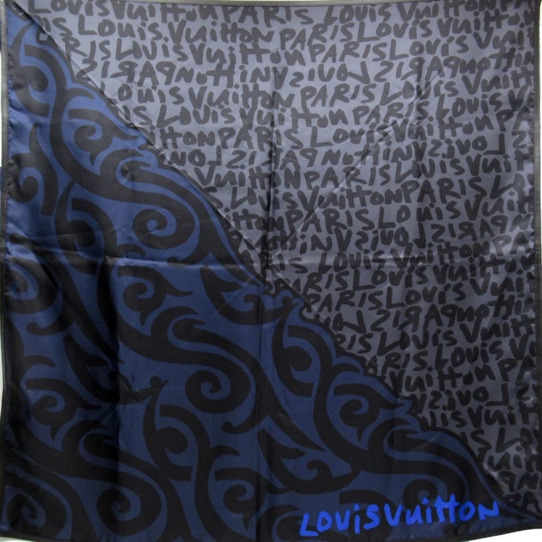 Louis Vuitton Scarf Graffiti Black x Blue 100% Silk Leather
