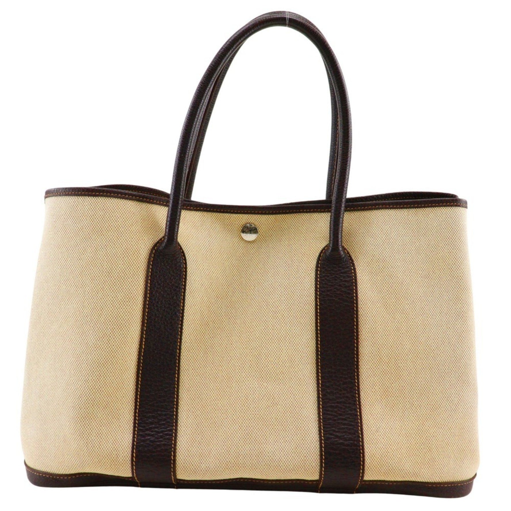 Hermes HERMES Garden PM Tote Bag Toile H Marron 2006 Beige/Brown J Snap Button Party Women's