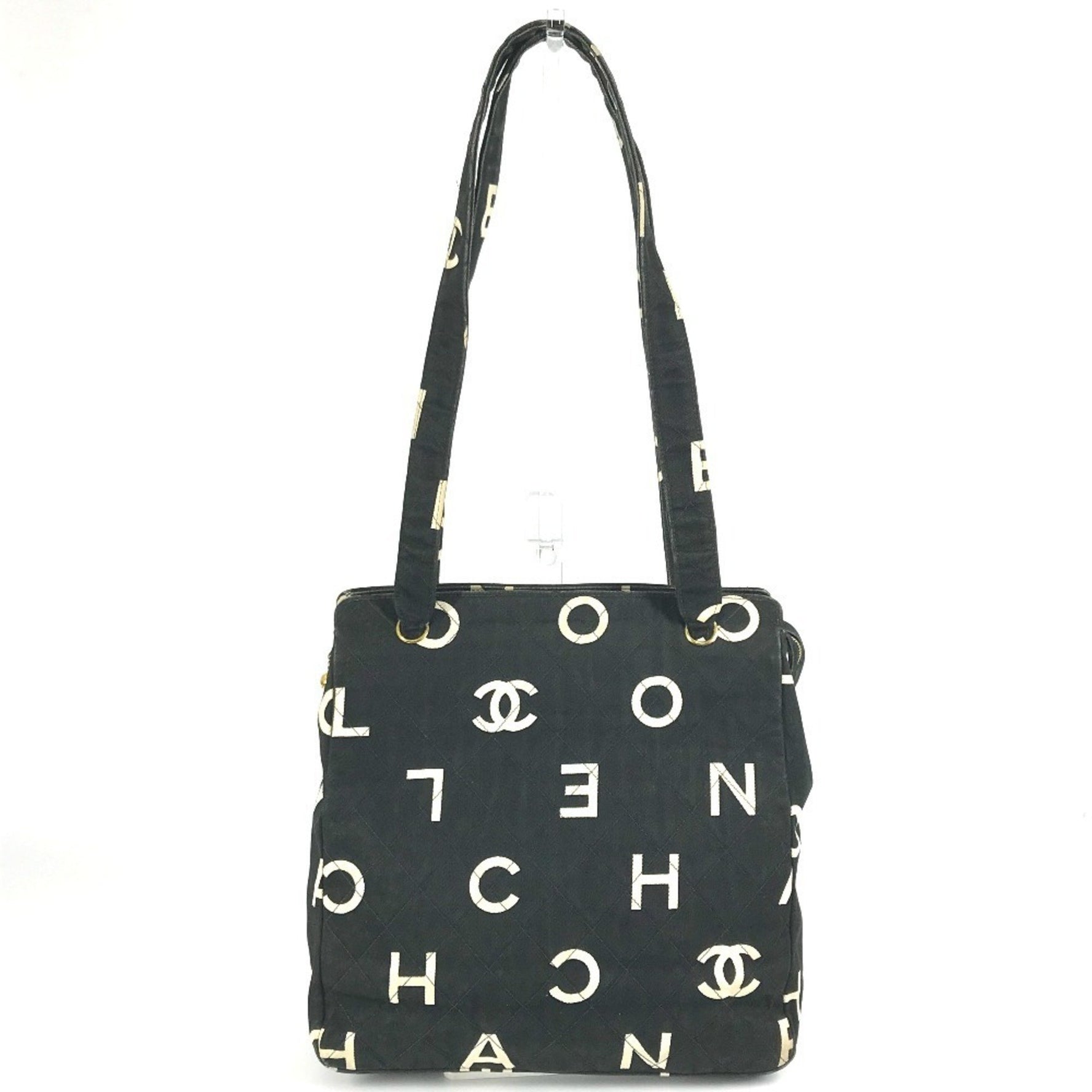 CHANEL logo all-over print tote bag, two-tone shoulder leather and canvas, black