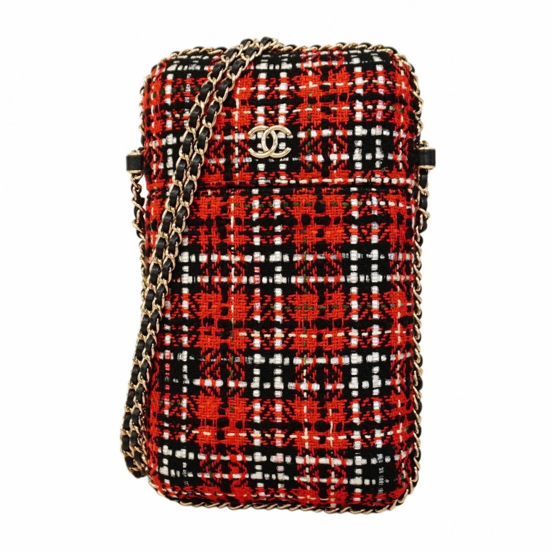 Chanel Phone Case Chain Shoulder Bag Tweed Red Black Champagne