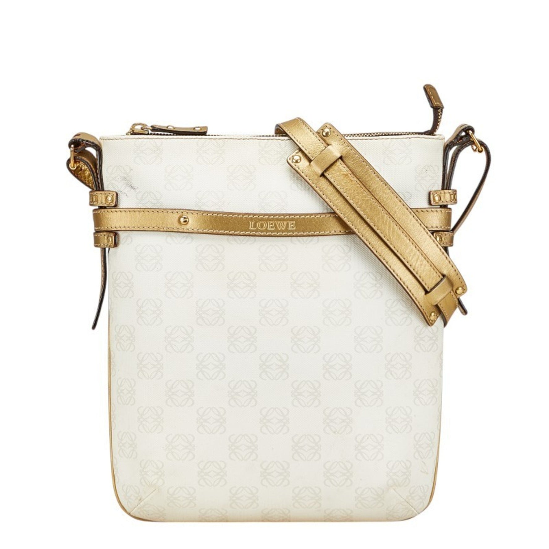 LOEWE Anagram Repeat Crossbody Shoulder Bag in Gold, PVC and Leather