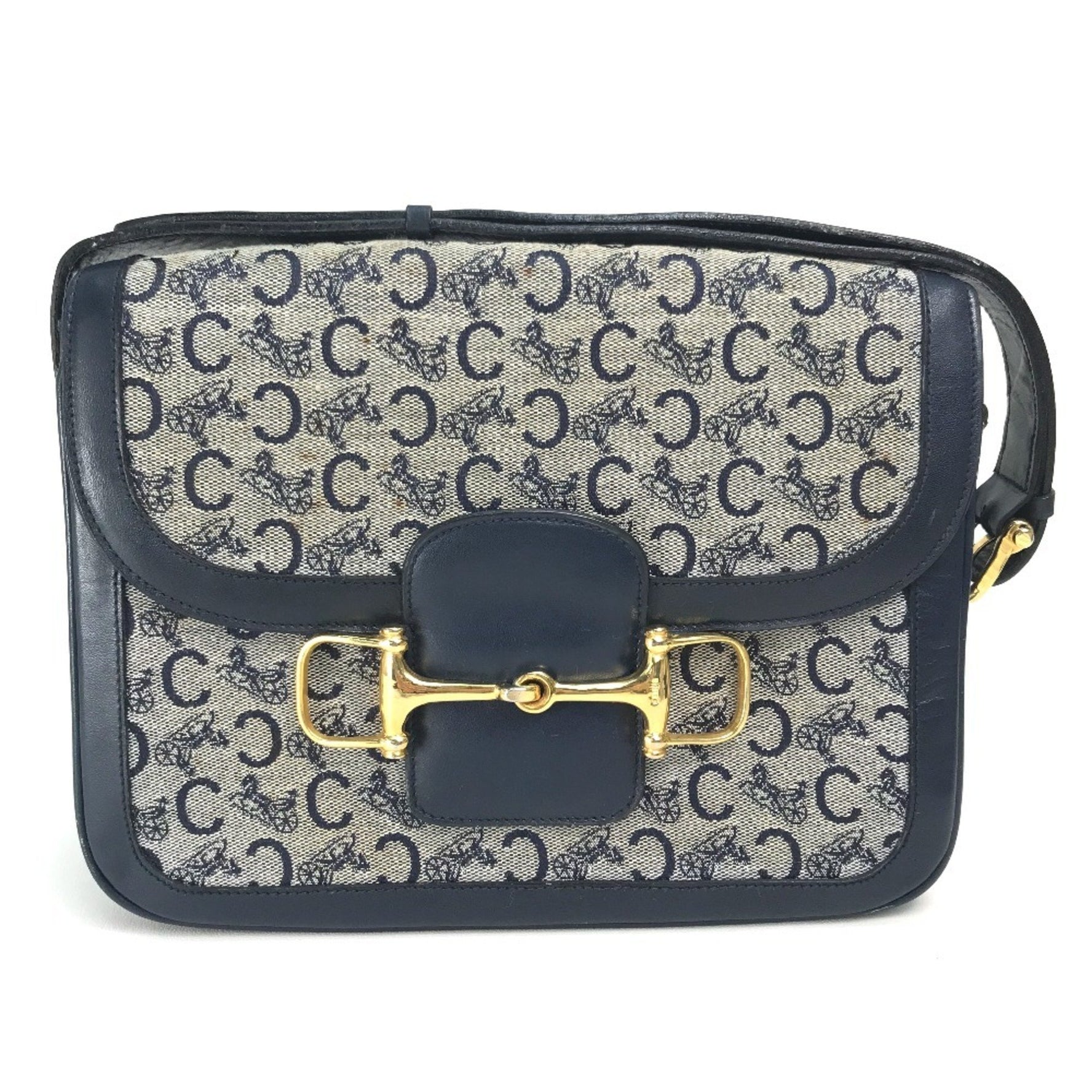 CELINE Old C Carriage Monogram Vintage Shoulder Bag in Canvas/Leather, Gray and Navy