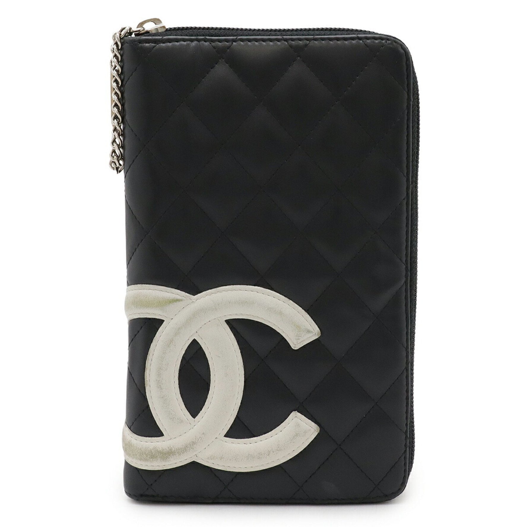 CHANEL Cambon Line Coco Mark Round Long Wallet Organizer Leather Black White Pink 8660