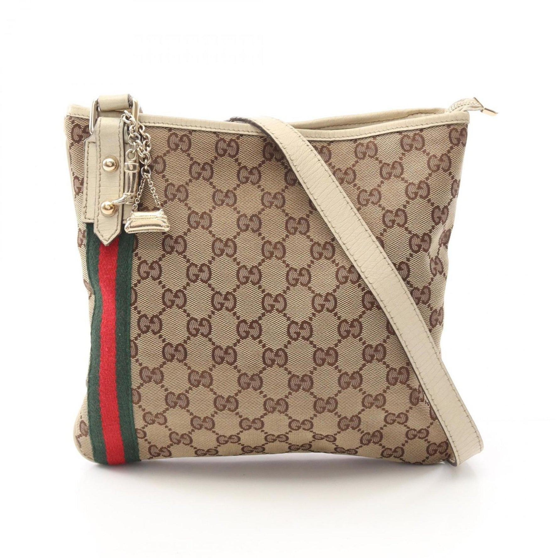 Gucci GG Canvas Sherry Line Shoulder Bag, and Leather, Beige, Brown, White