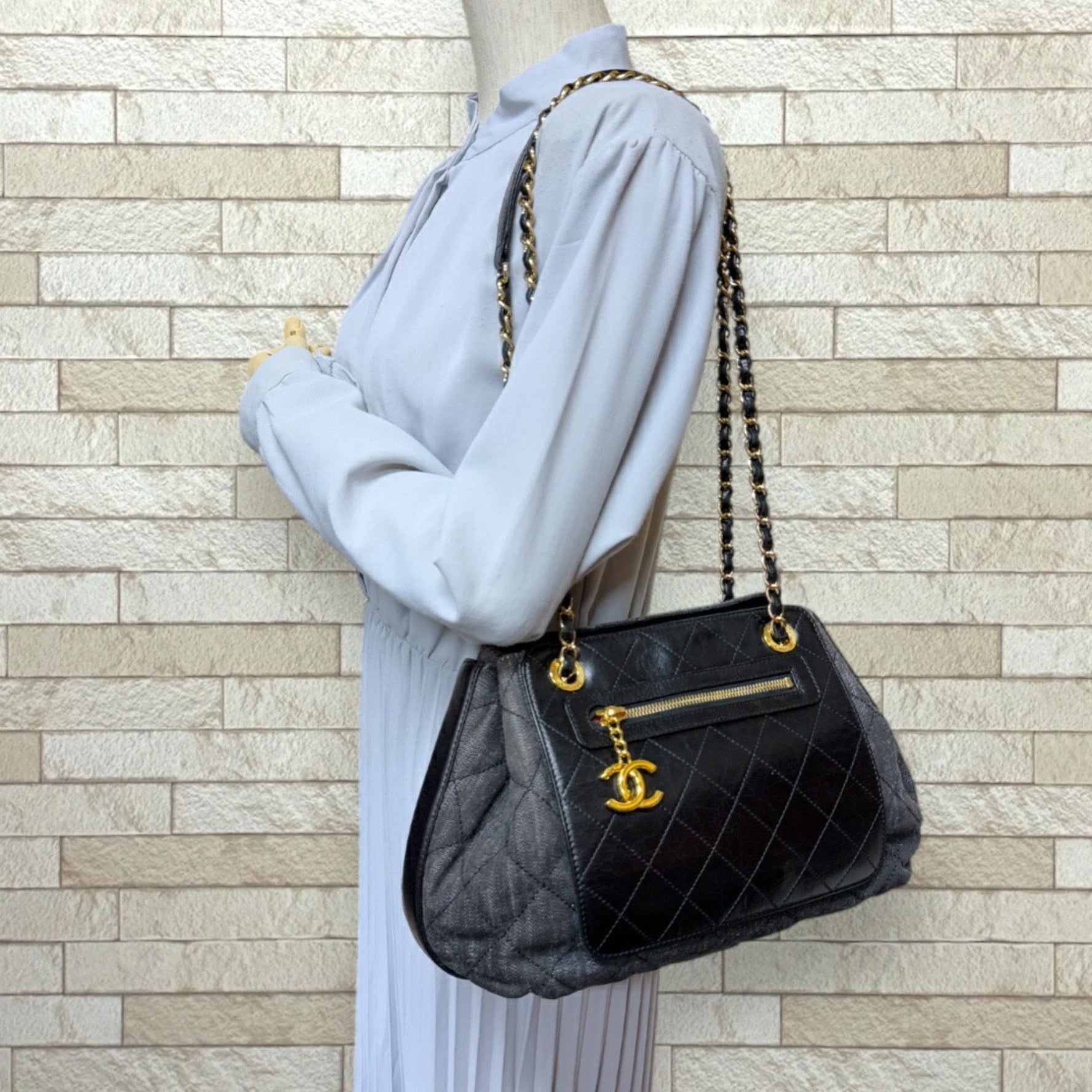 Chanel Shoulder Bag Denim Grey Women's CHANEL Double Chain