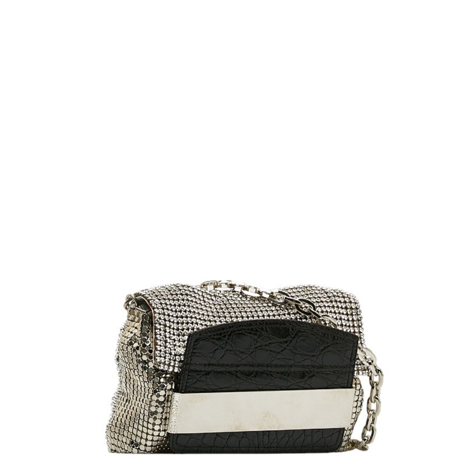 Jimmy Choo Crocodile Embossed Chain One Shoulder Bag Silver Black Leather Metal