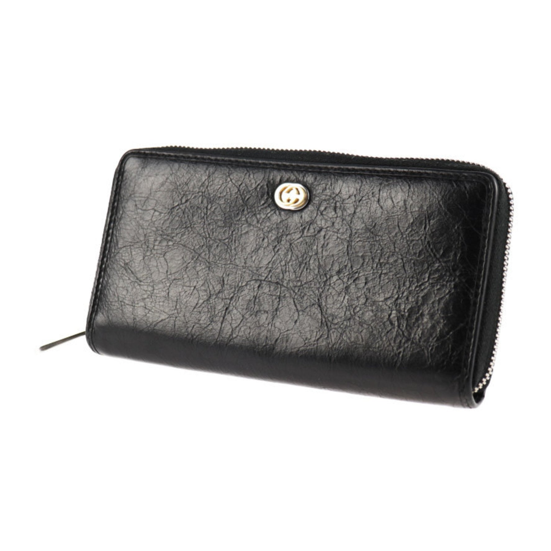 GUCCI Interlocking G Long Wallet Leather Round Zipper Wrinkled