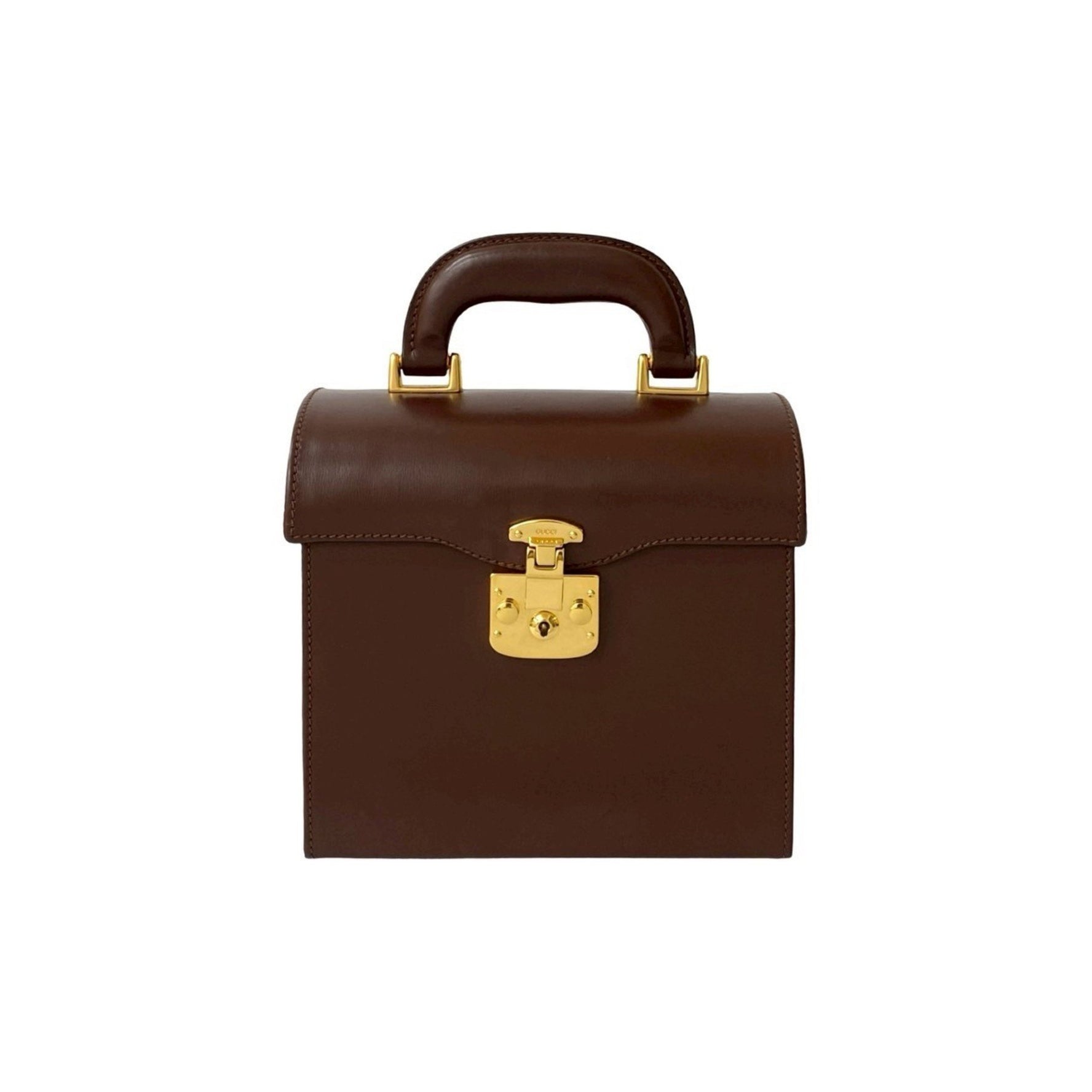 GUCCI Old Gucci Ladylock Leather Vanity Bag, Brown,