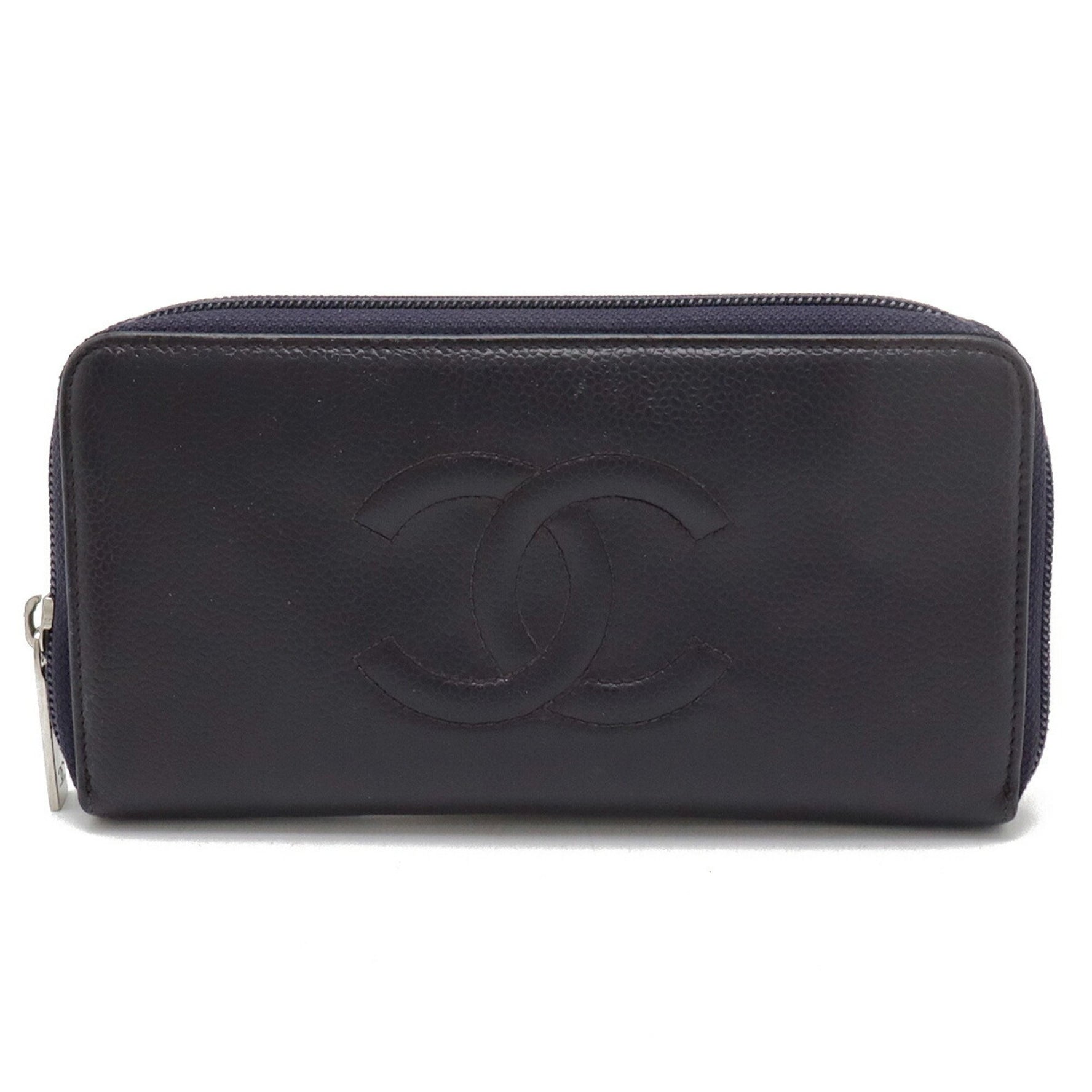 CHANEL Coco Mark Round Long Wallet Caviar Skin Leather Dark Purple