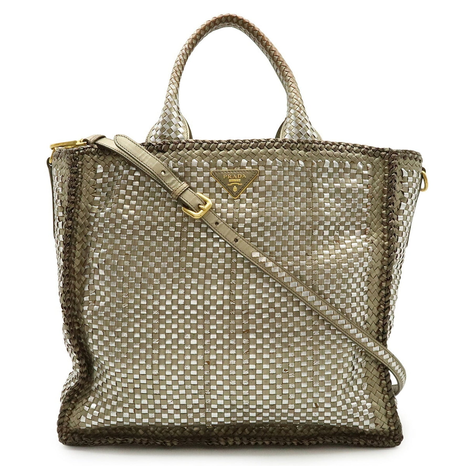 PRADA MADRAS Tote Bag Shoulder Leather Silver Gold