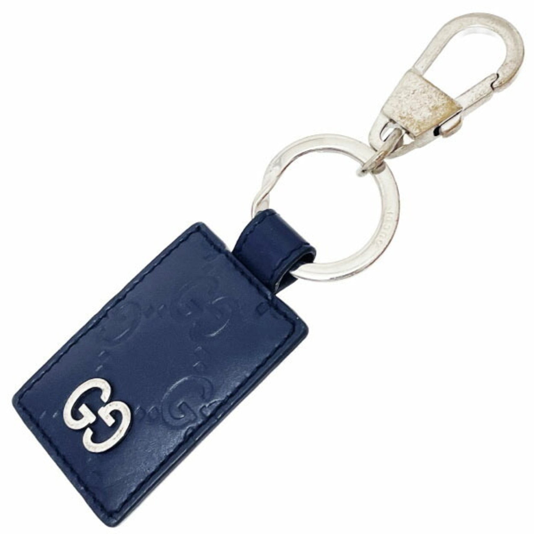 Gucci Keychain Signature Leather Keyring Calf Navy GUCCI GG Guccissima Shima Line Tag Key Hook Charm Bag SK-15314