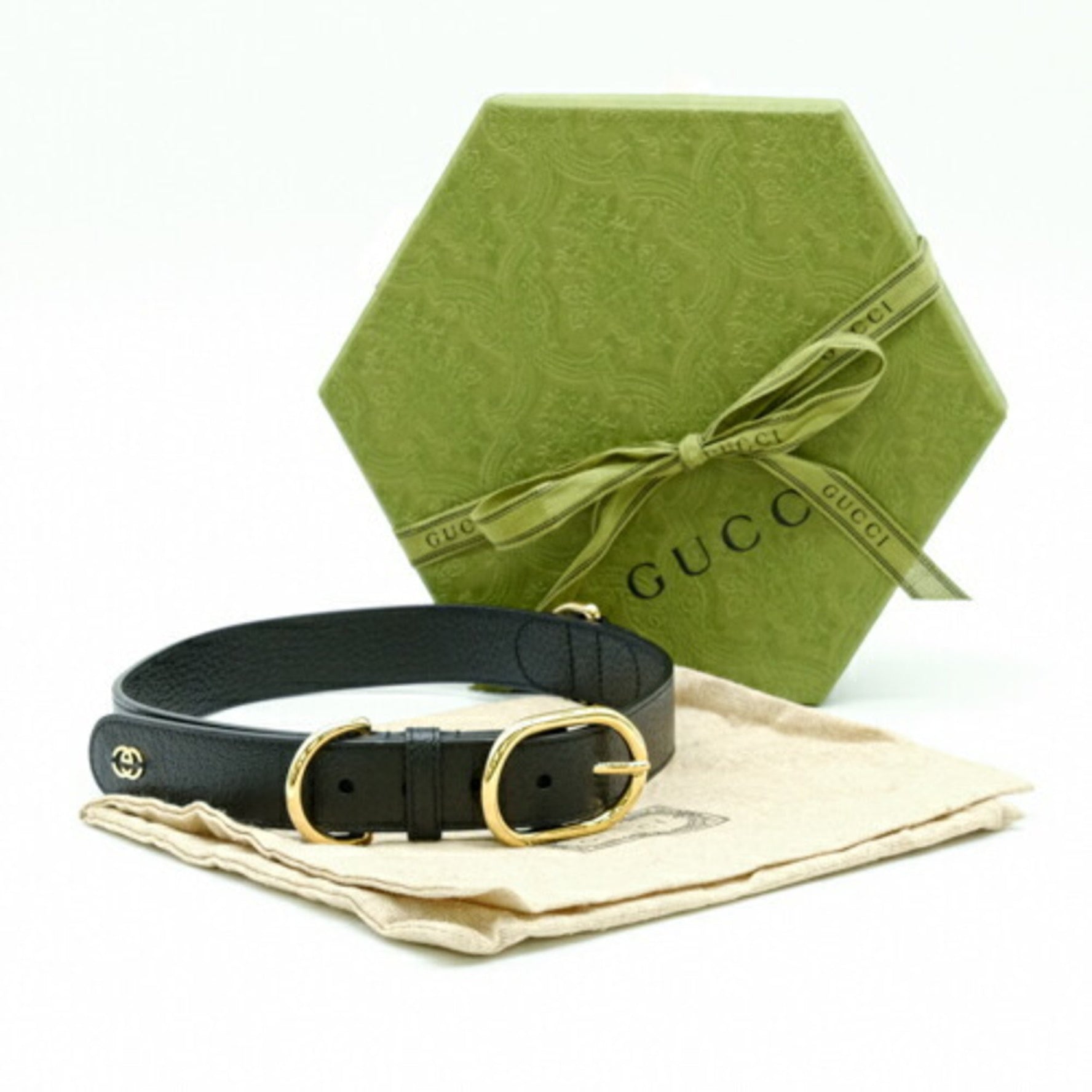 GUCCI Interlocking G Extra Large Pet Dog Collar #XL Leather Black