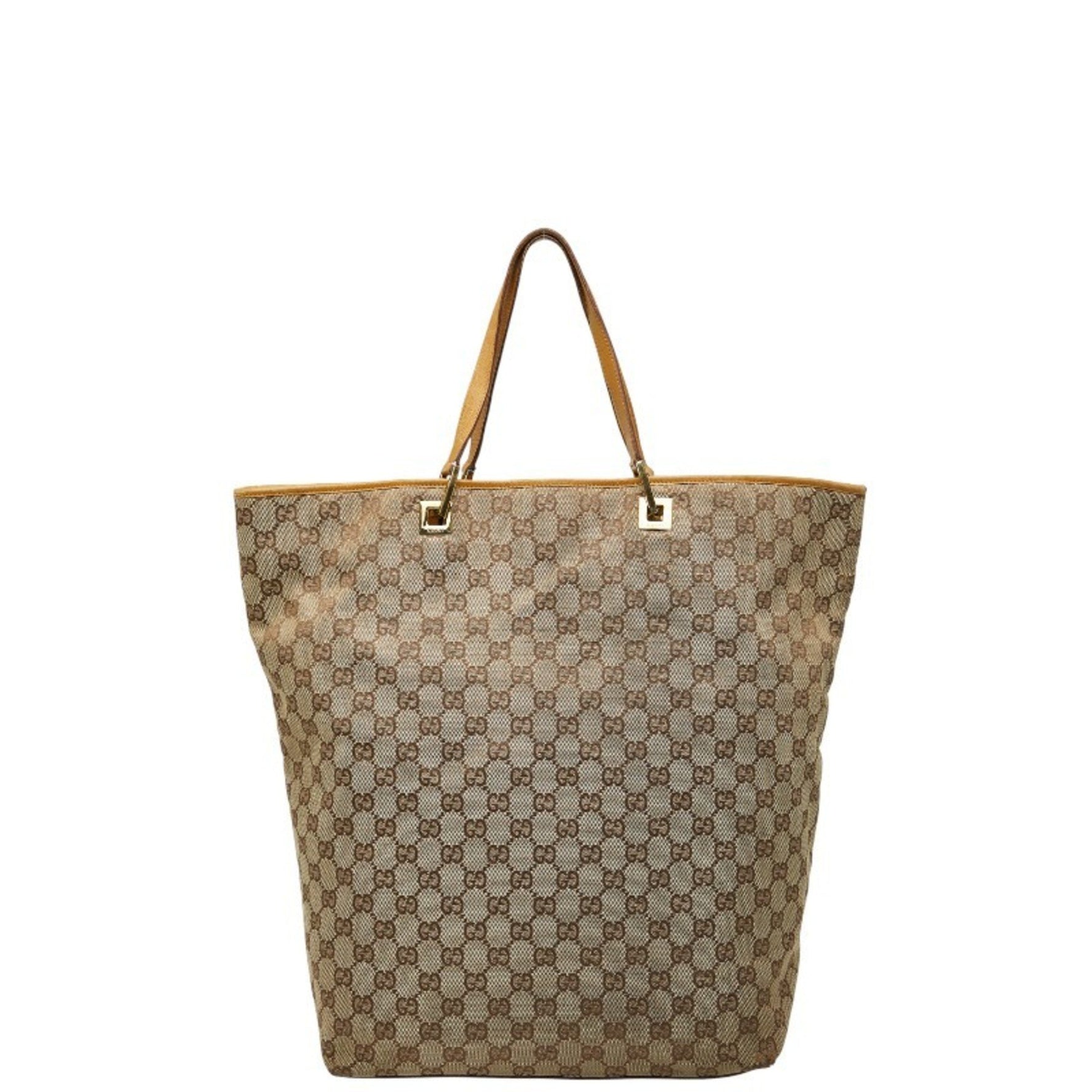 Gucci GG Canvas Tote Bag 002 1097 Beige Brown Leather