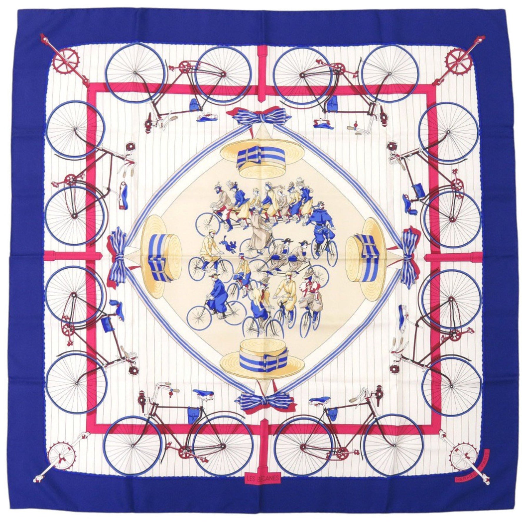 Hermes Hermès Carré 90 LES BECANES Bicycle Silk Blue Scarf Muffler 0141