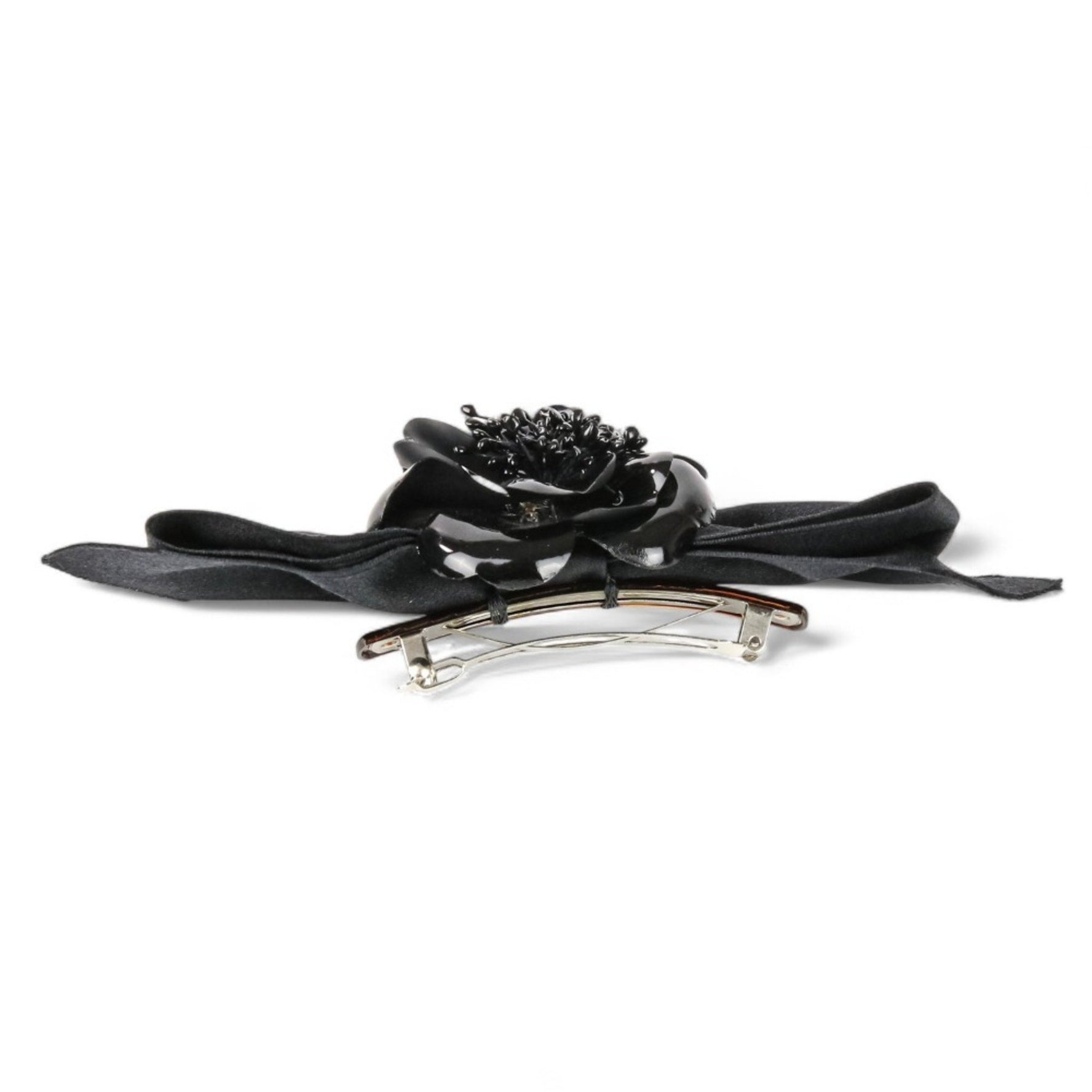 CHANEL Patent Camellia Motif Satin Ribbon Barrette Hair Accessory