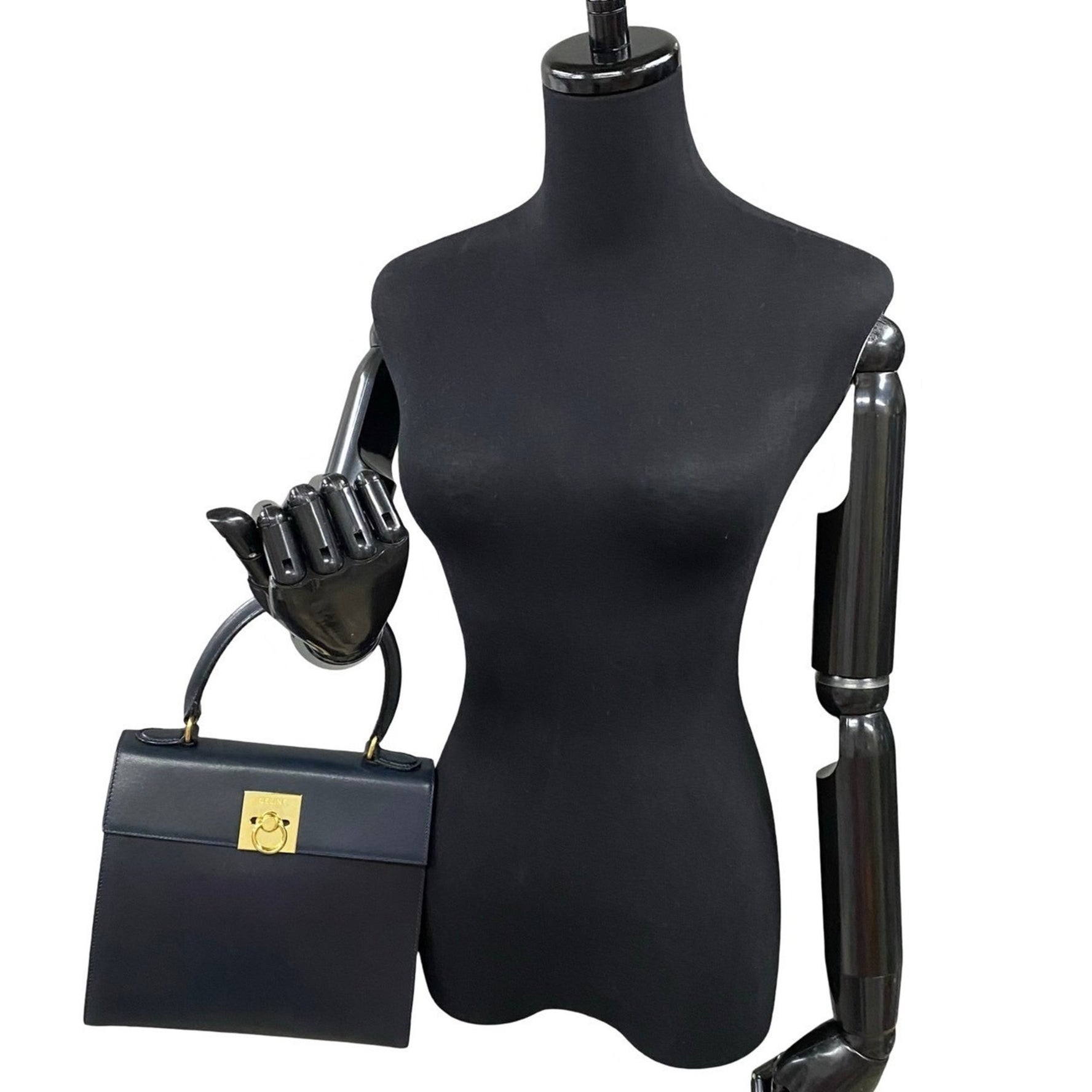 CELINE Vintage Logo Ring Hardware Leather Handbag Mini Tote Bag 421-5