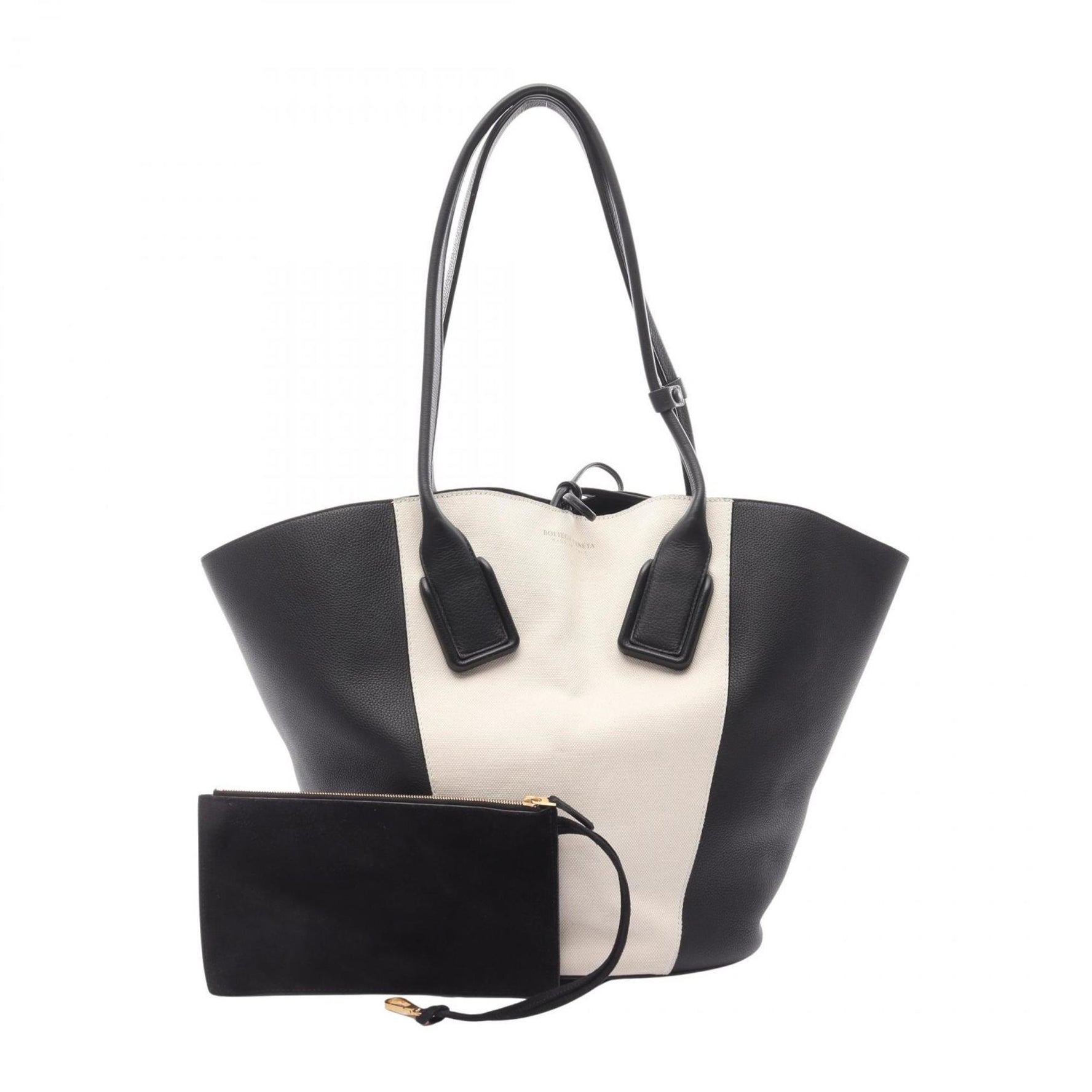Bottega Veneta Basket Tote Medium Bag in Leather and Canvas, Black/Ivory