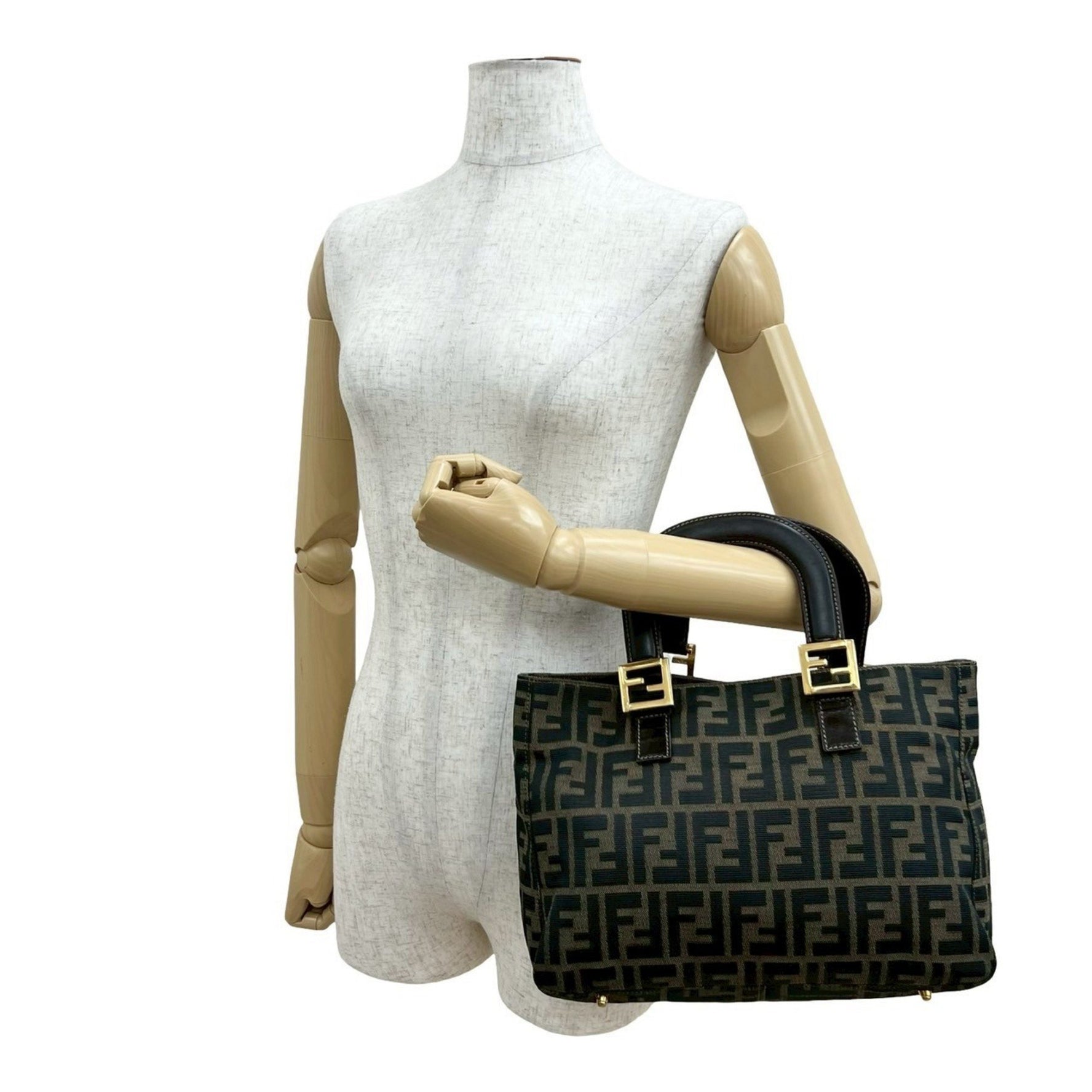 FENDI Zucca FF pattern logo metal hardware canvas and leather handbag mini tote bag brown black