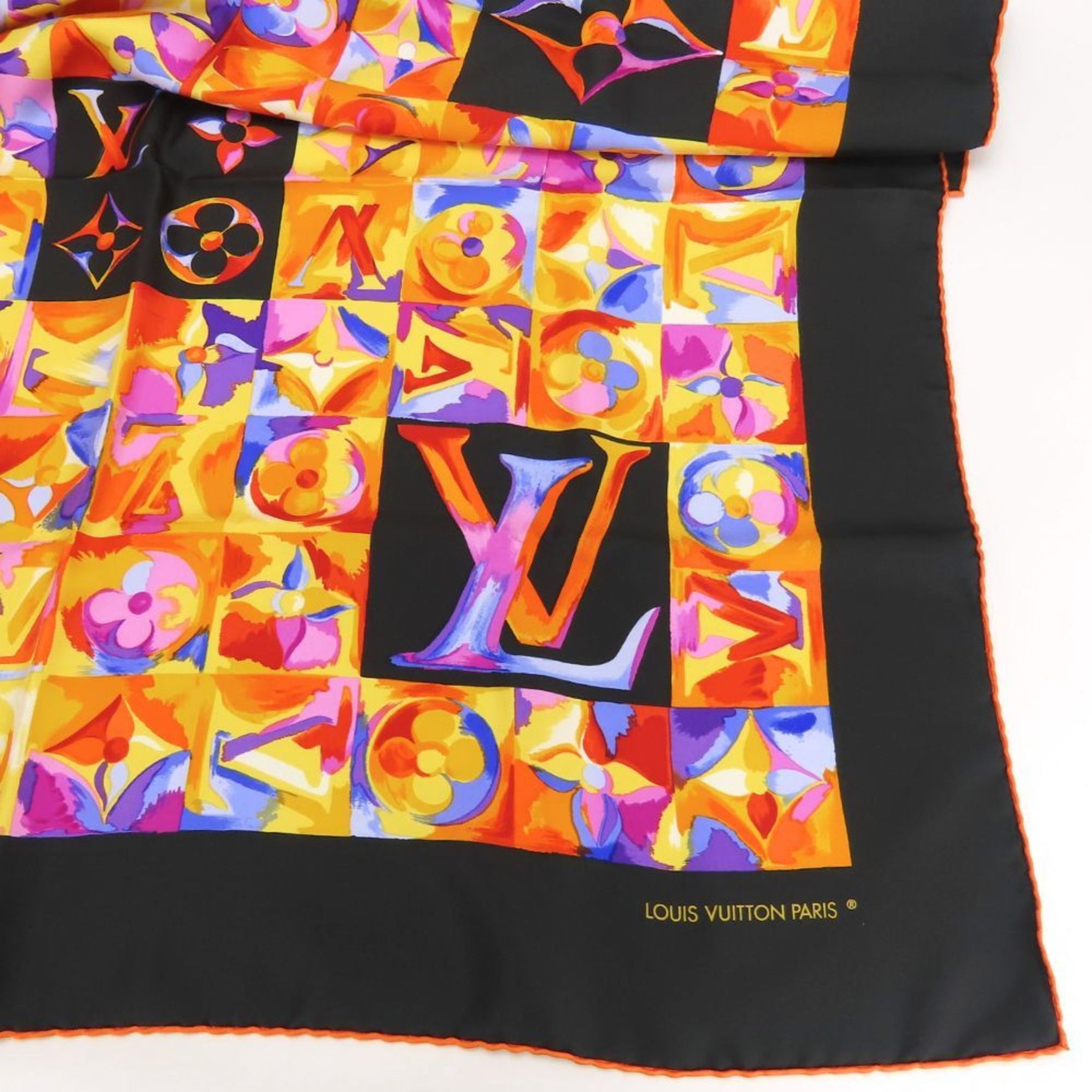 Louis Vuitton Scarf/Muffler Silk Black Orange Multicolor Monogram LOUIS VUITTON