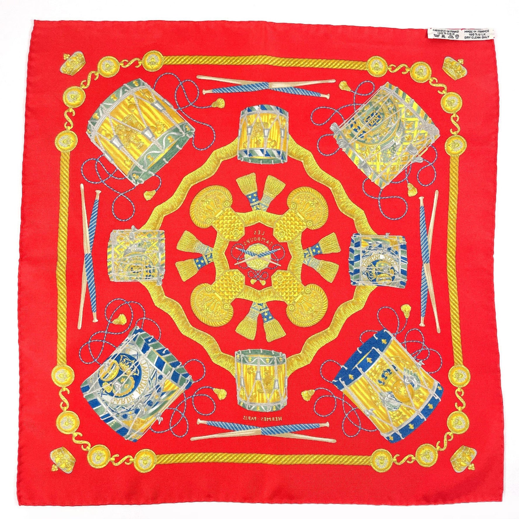 HERMES Petit Carre LES TAMBOURS Tambour Drum Scarf Muffler Silk Red