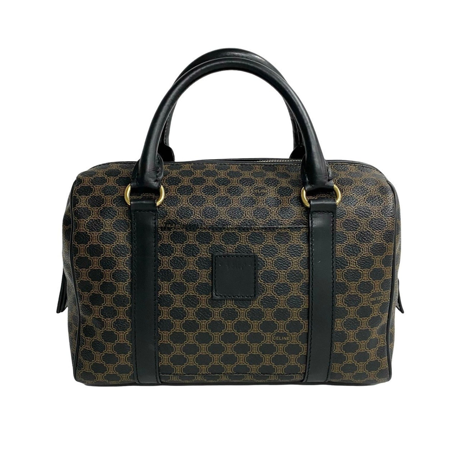 CELINE Vintage Macadam Blason Pattern Logo Leather Mini Boston Bag Handbag Brown Black