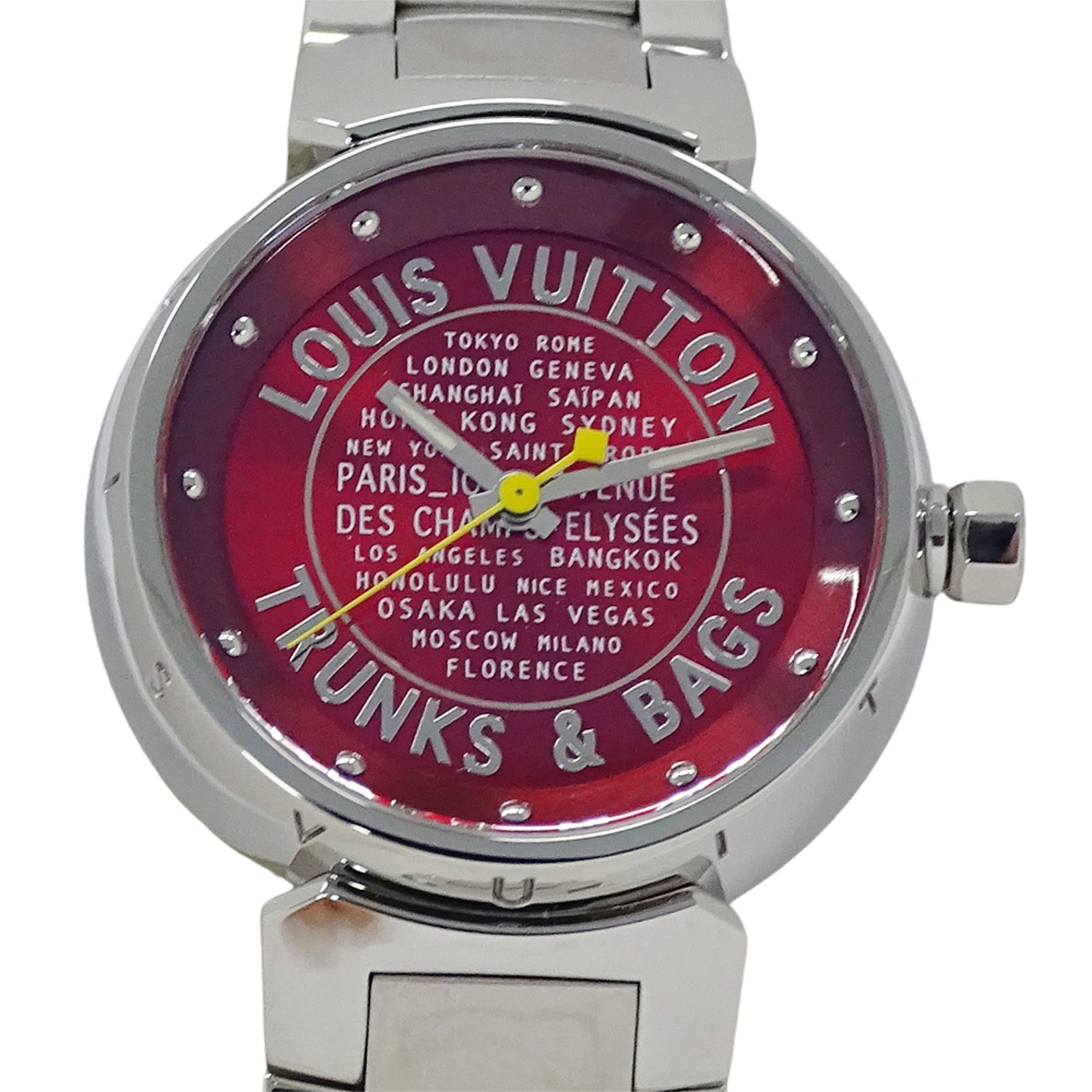 Louis Vuitton Tambour TRUNKS & BAGS Quartz Watch, QZ Stainless Steel, Silver and Red, Round, Polished