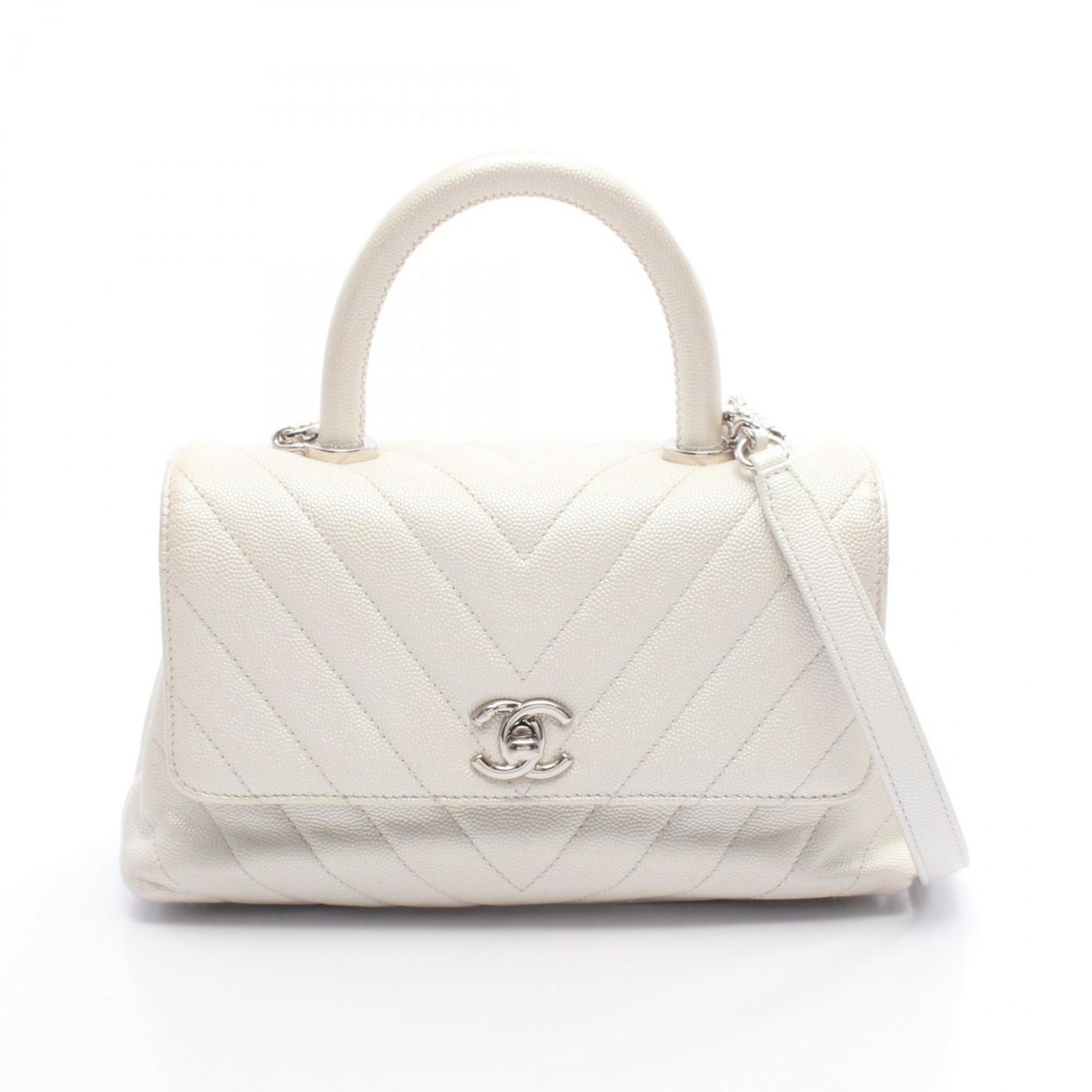CHANEL Coco Handle Flap Matelasse Handbag in Calfskin Leather (White)