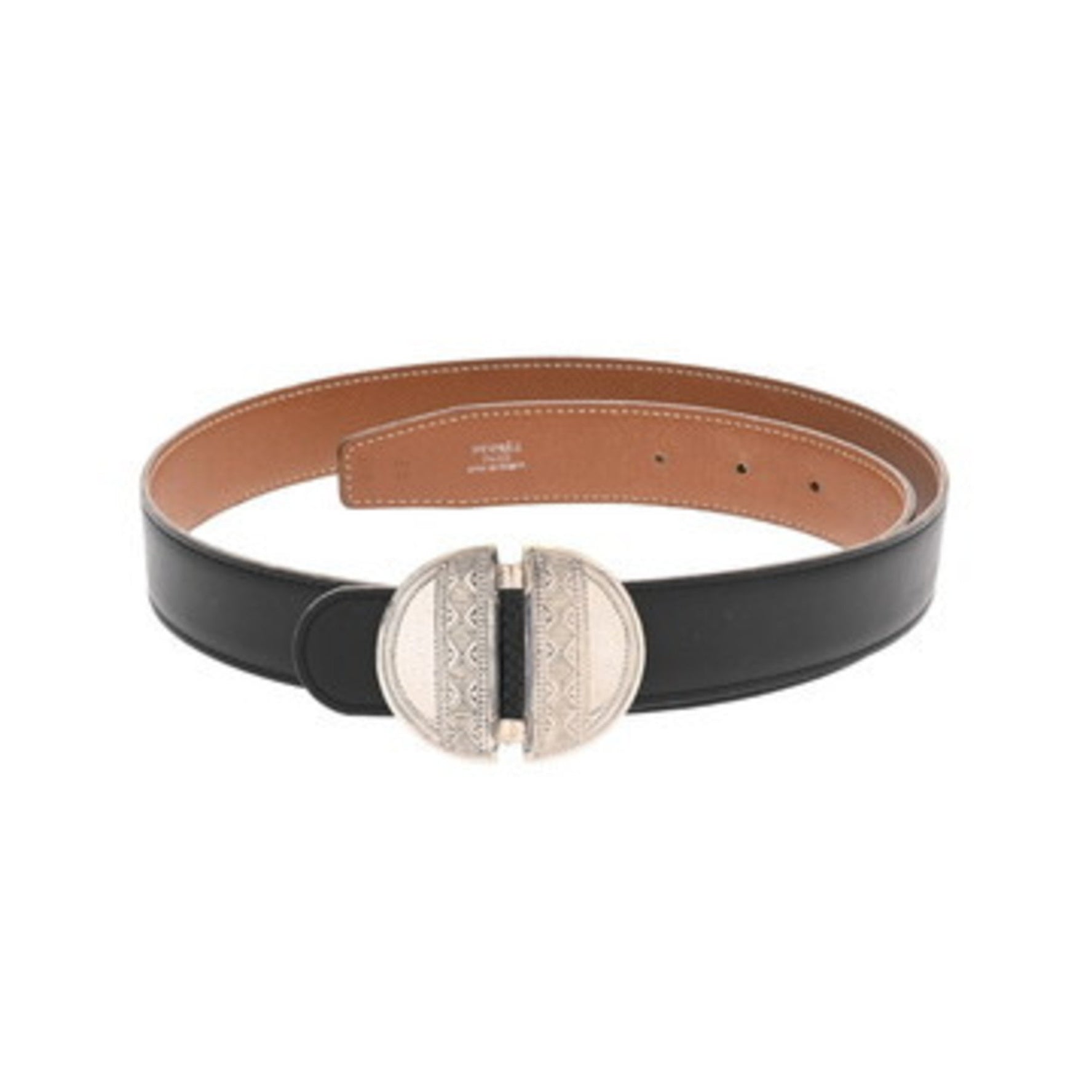 HERMES Touareg Buckle, Size 85, Black/Gold, A Stamp (circa 1997), Box Calf Scarf, Kushvel Belt, B-Rank, Pre-Owned, Ginzo